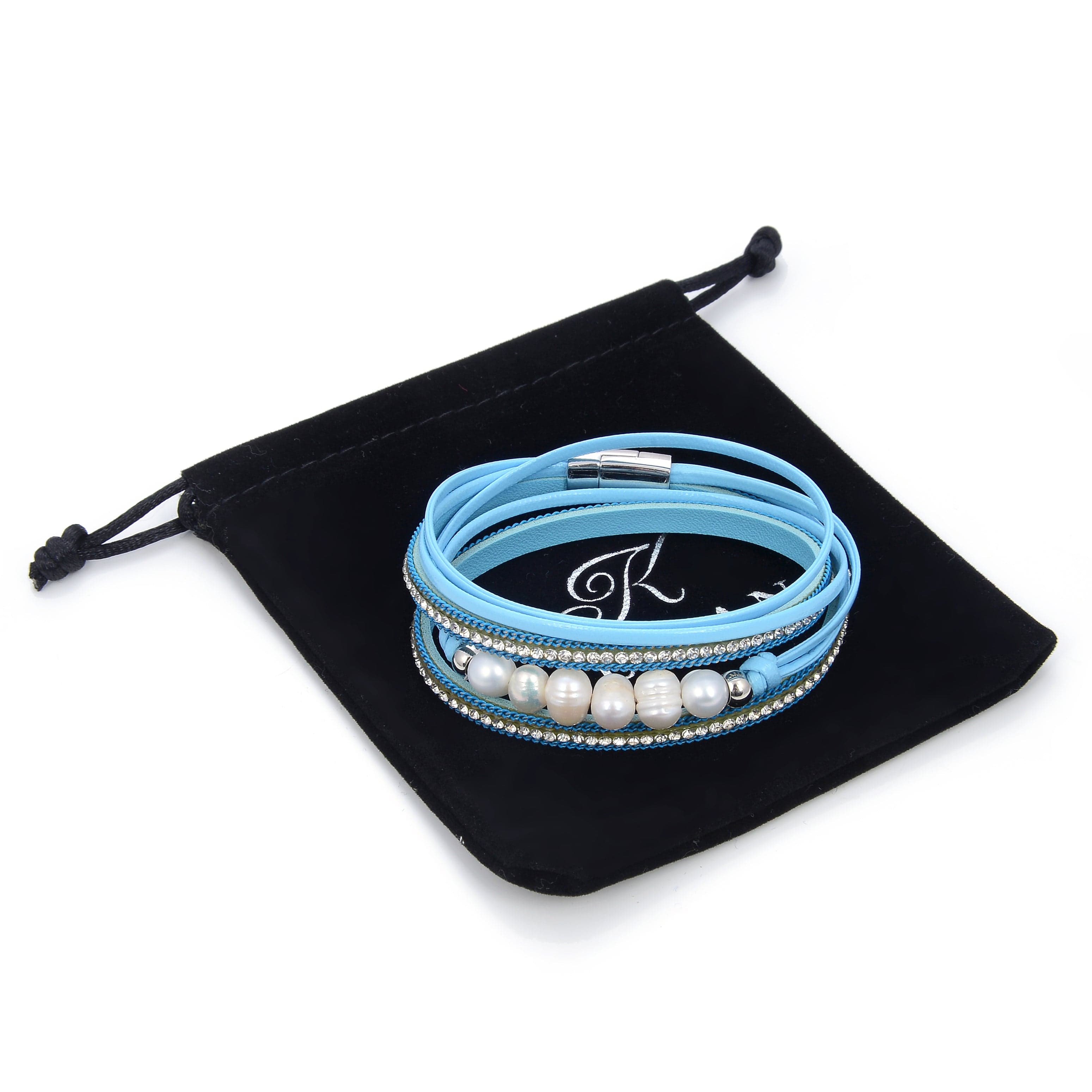 Kalifano Multiwrap Bracelets Multiple Strand Pearl and Diamonds Blue Bracelet with Magnetic Clasp BMW-20-BE