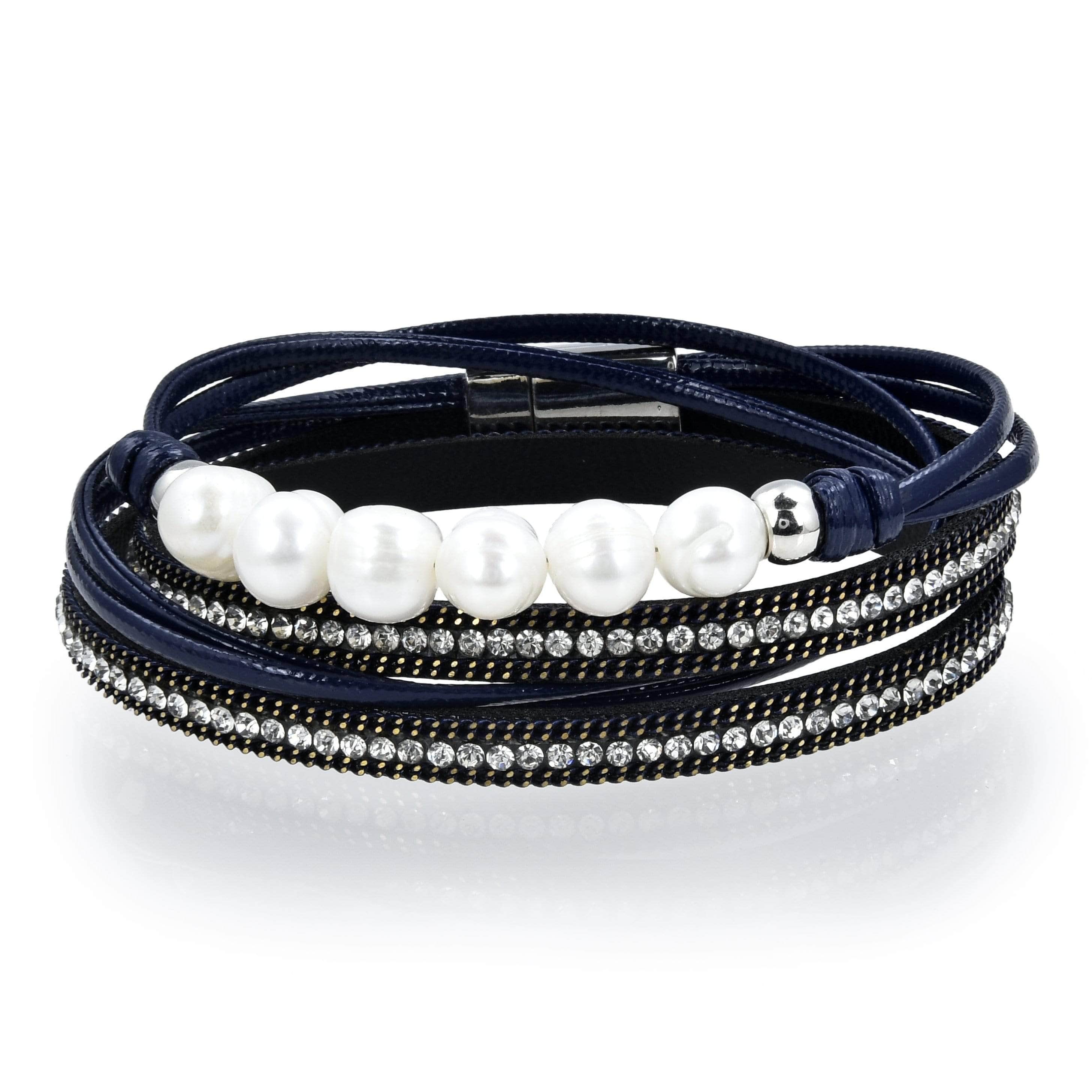 Kalifano Multiwrap Bracelets Multiple Strand Pearl and Diamonds Navy Blue Bracelet with Magnetic Clasp BMW-20-NY