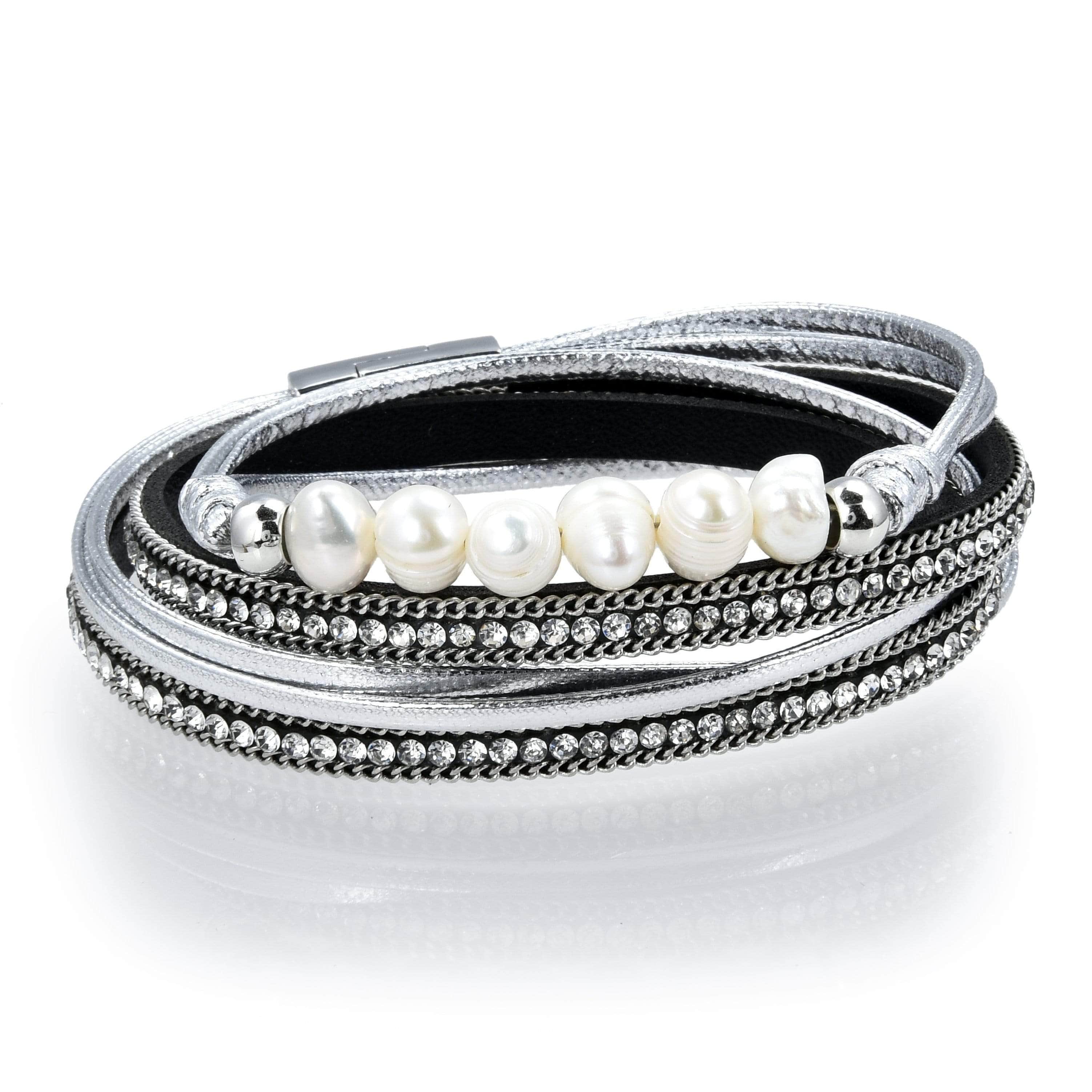 Kalifano Multiwrap Bracelets Multiple Strand Pearl and Diamonds Silver Bracelet with Magnetic Clasp BMW-20-SR