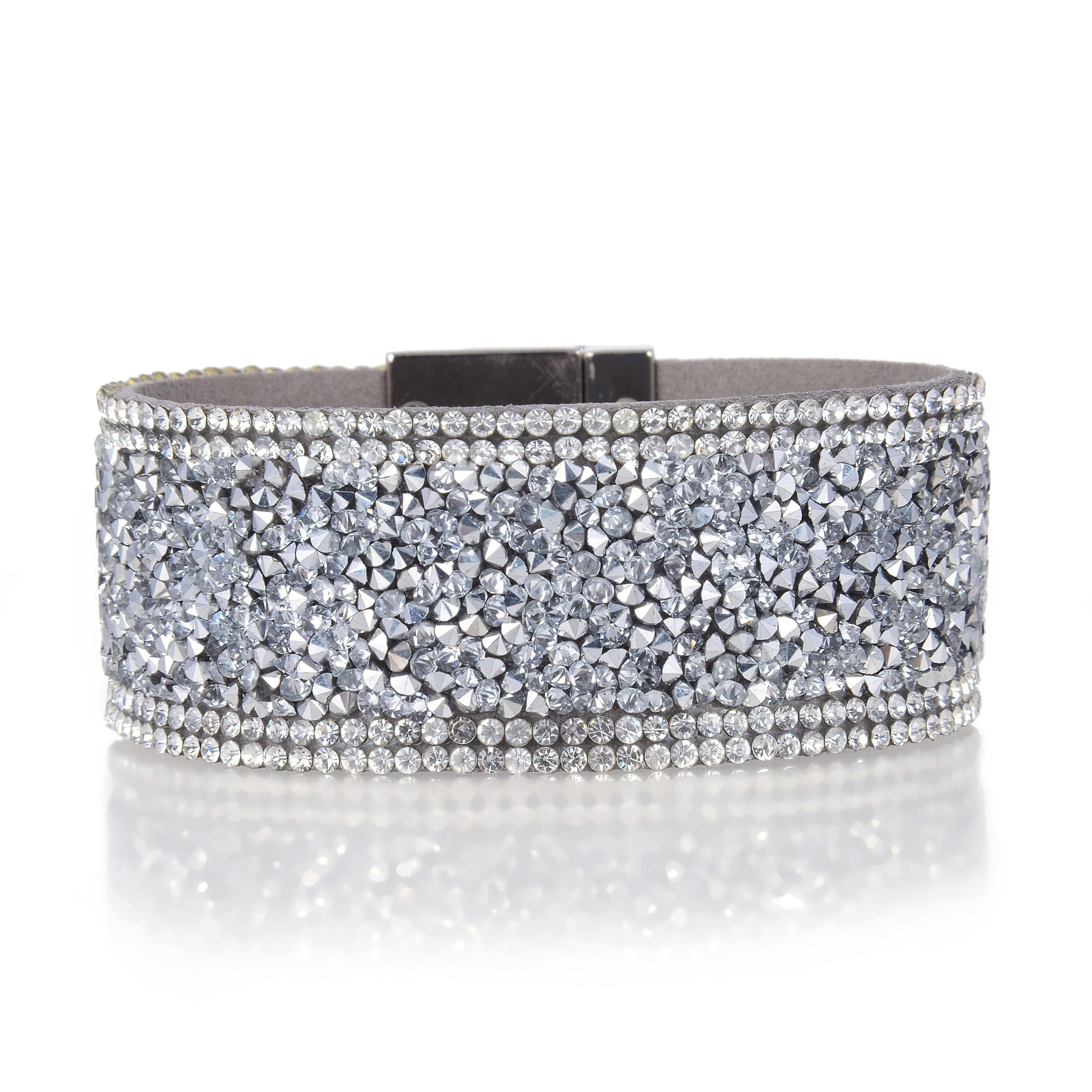 Kalifano Multiwrap Bracelets Short Swarovski Crystal Leather Band Bracelet Silver with Toggle Lock BMW-28-SR