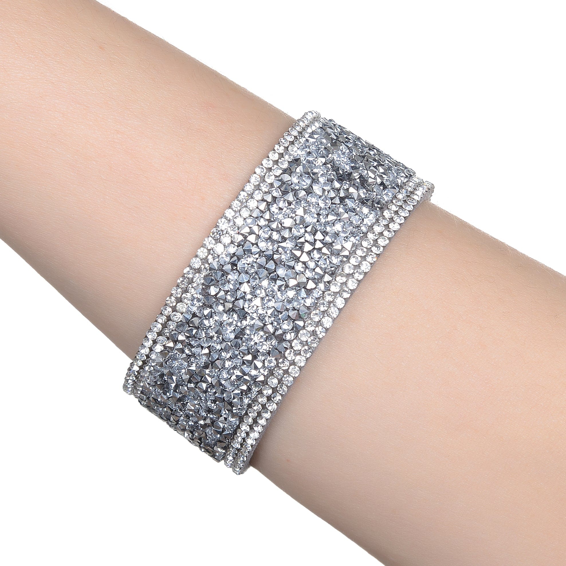 Kalifano Multiwrap Bracelets Short Swarovski Crystal Leather Band Bracelet Silver with Toggle Lock BMW-28-SR