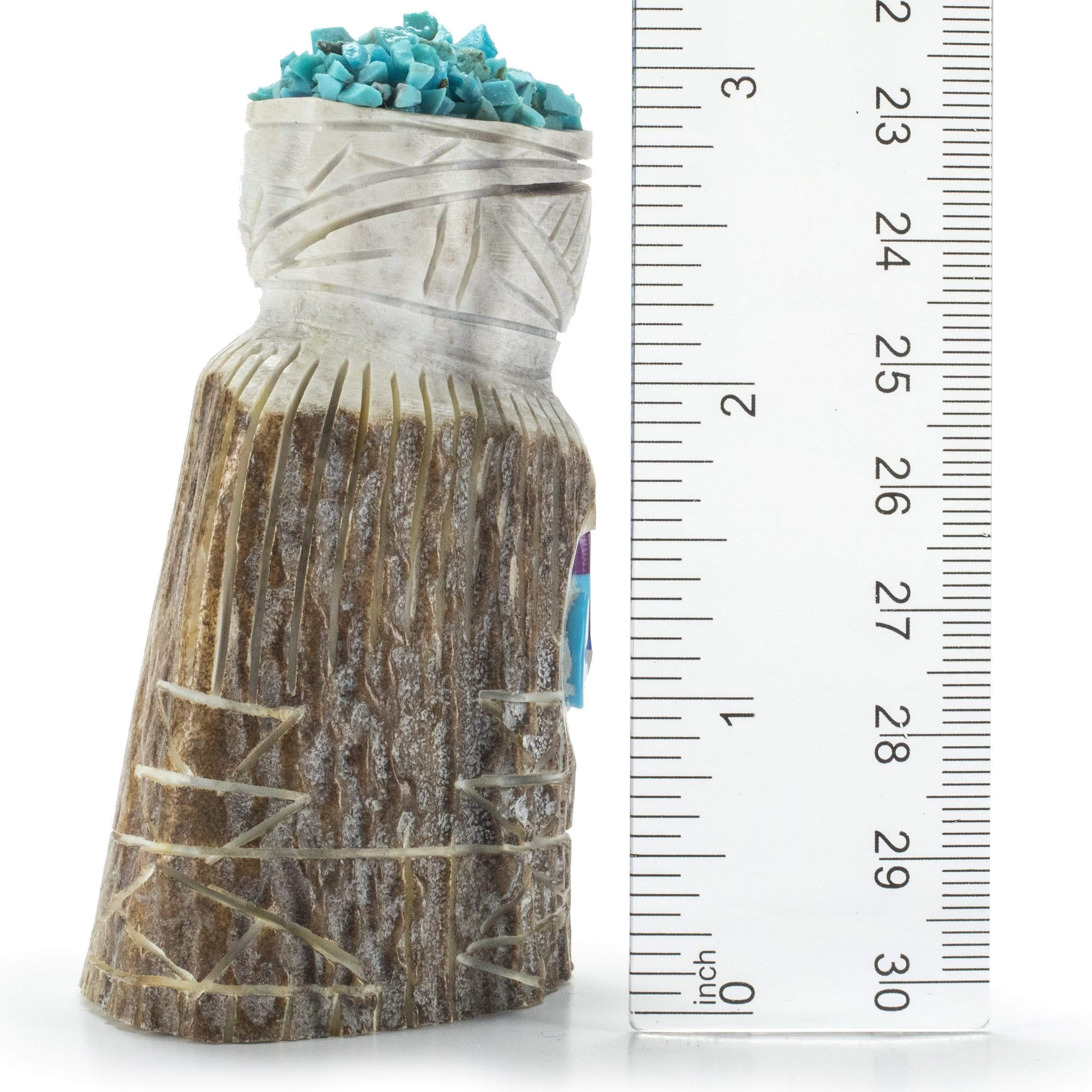 Kalifano Native American Fetish Carvings Amory Cellicion Handmade Zuni Maiden Fetish Carving with Turquoise, Coral, Jet, & Pink Mother of Pearl NAC360.007