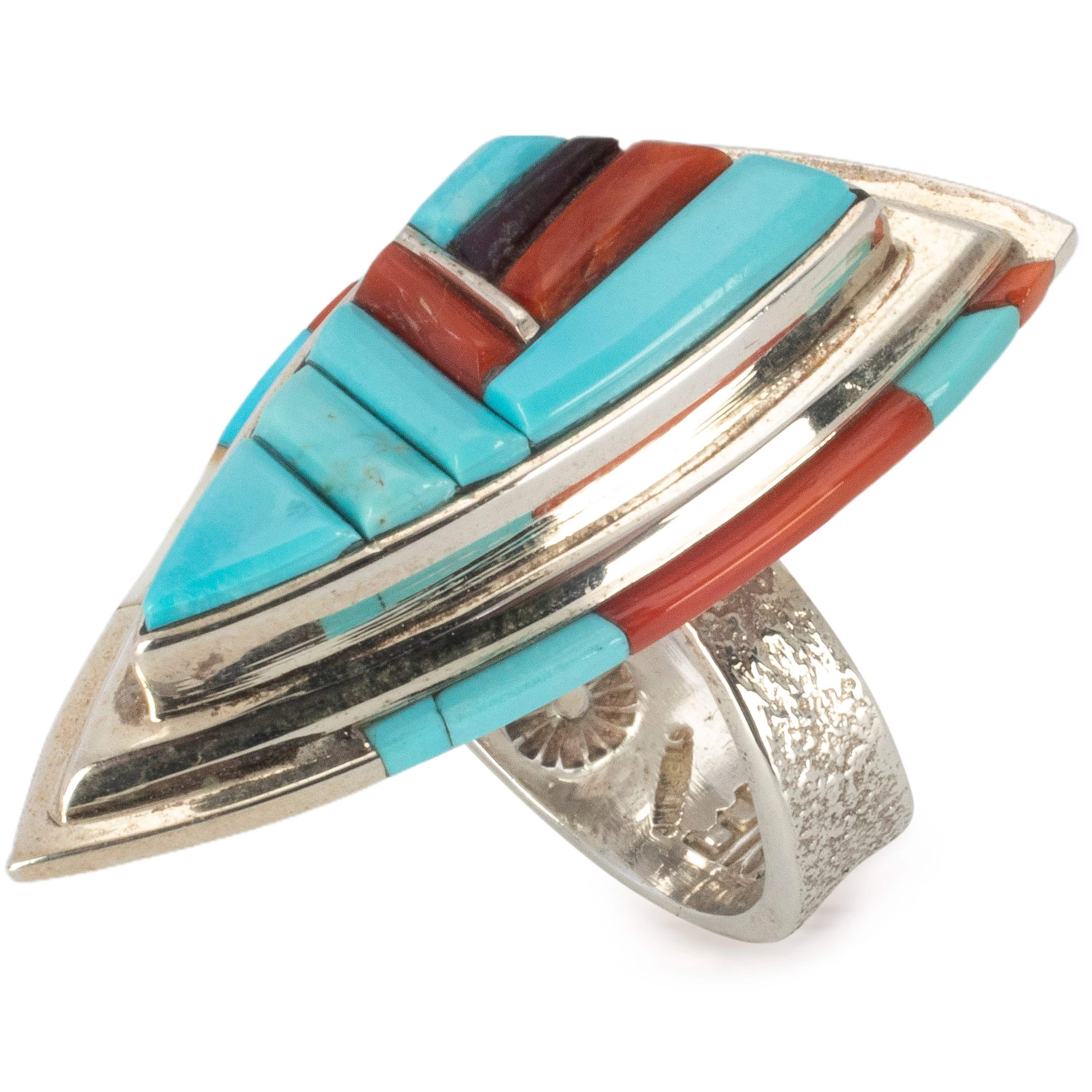 Kalifano Native American Jewelry 10 David Tune Navajo Sleeping Beauty Turquoise, Coral, and Sugilite USA Native American Made 925 Sterling Silver Ring NAR1600.010.10