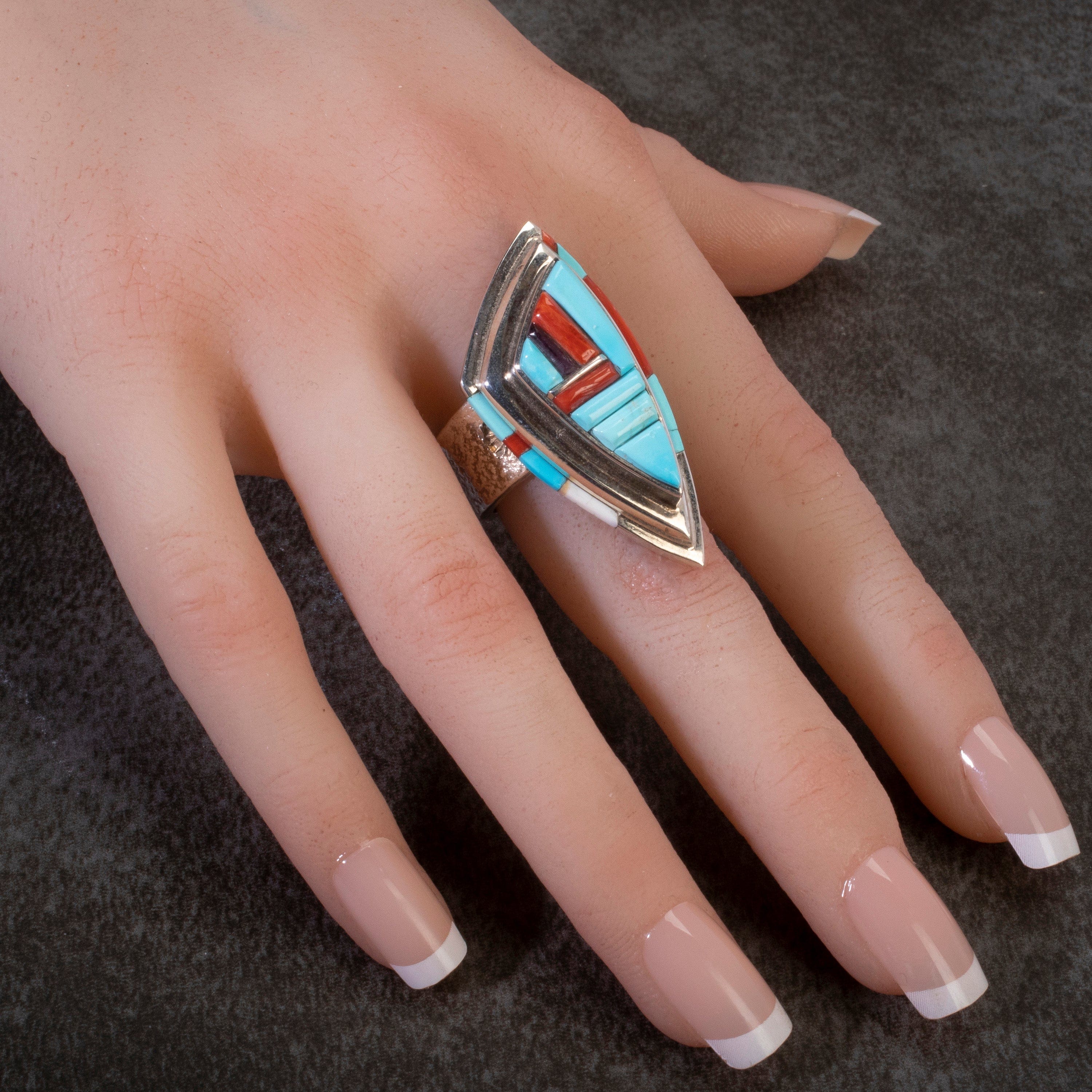 Kalifano Native American Jewelry 10 David Tune Navajo Sleeping Beauty Turquoise, Coral, and Sugilite USA Native American Made 925 Sterling Silver Ring NAR1600.010.10