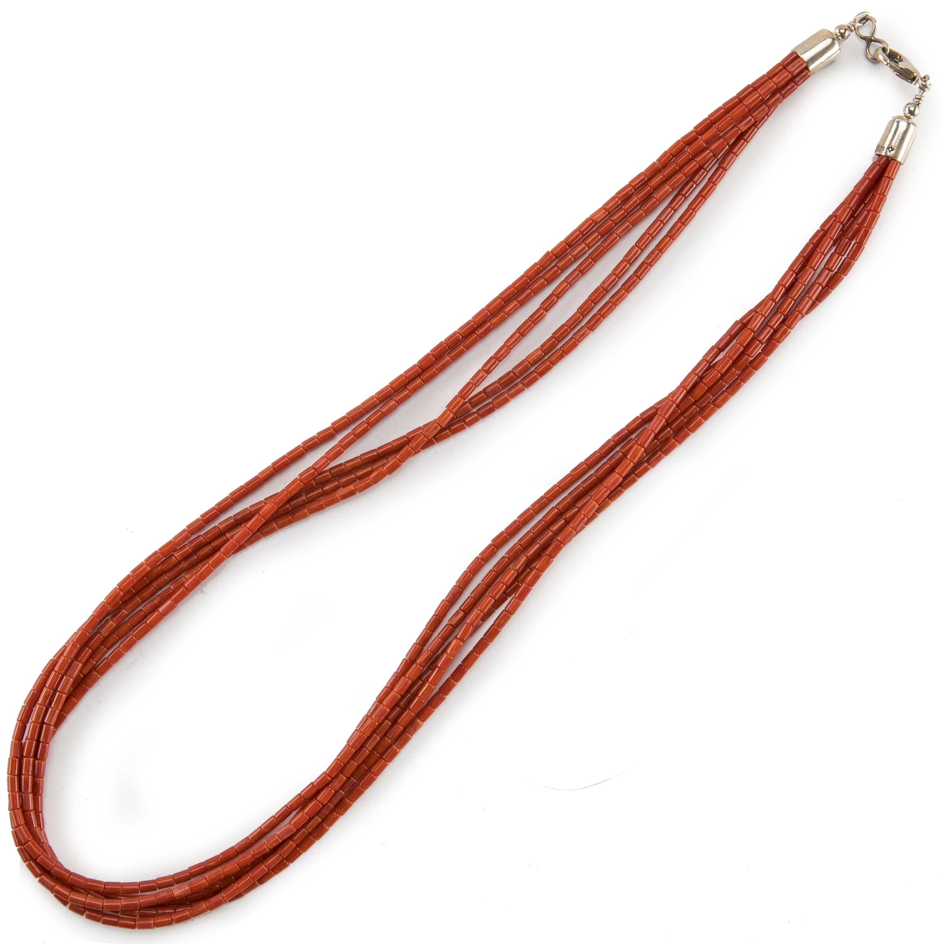 Kalifano Native American Jewelry 24" Five Strand Coral USA Native American Made 925 Sterling Silver Necklace NAN800.005