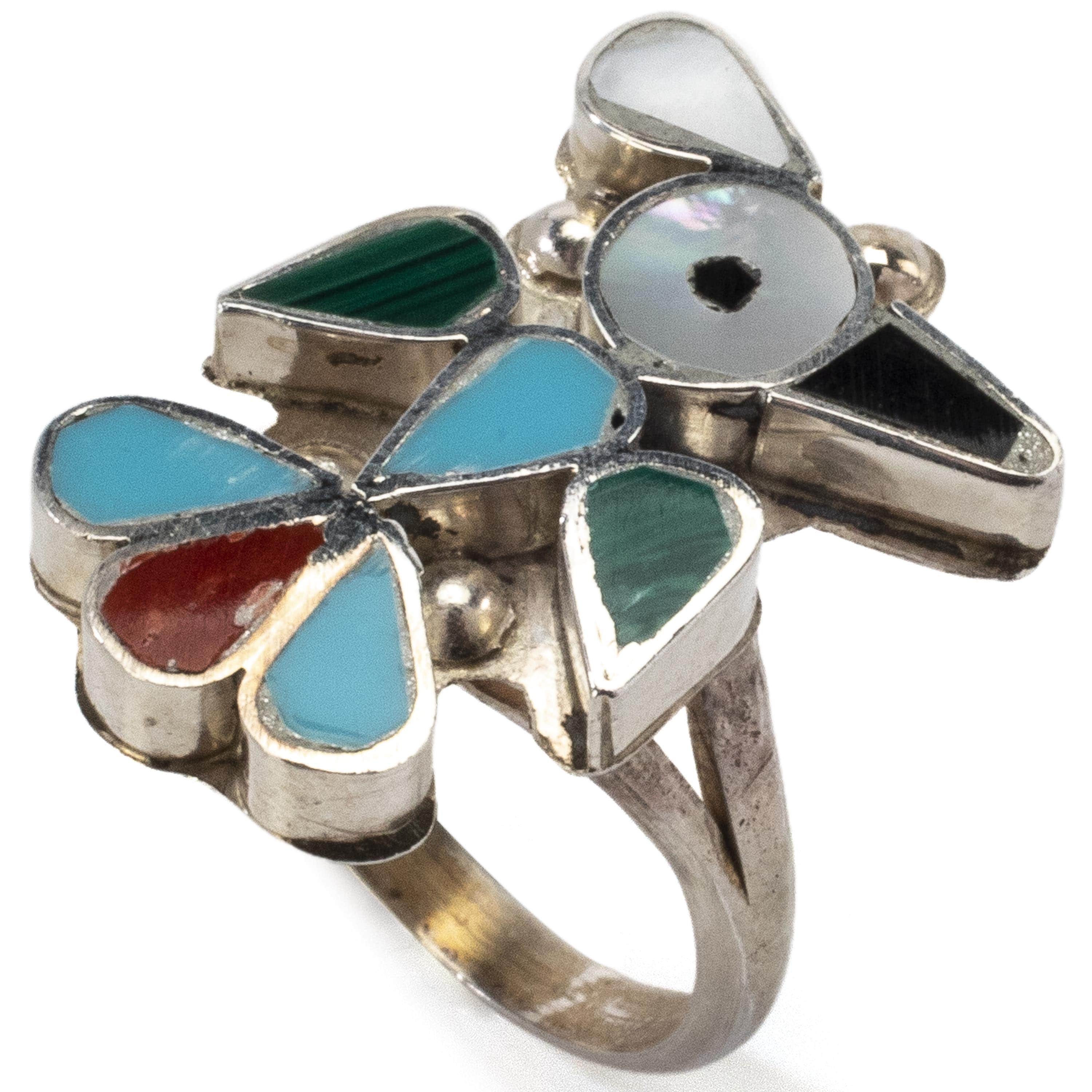 Kalifano Native American Jewelry 5.5 Pino Yunie Zuni Peyote Bird with Mother of Pearl, Black Onyx, Coral, Malachite, and Turquoise USA Native American Made 925 Sterling Silver Ring NAR200.024.55