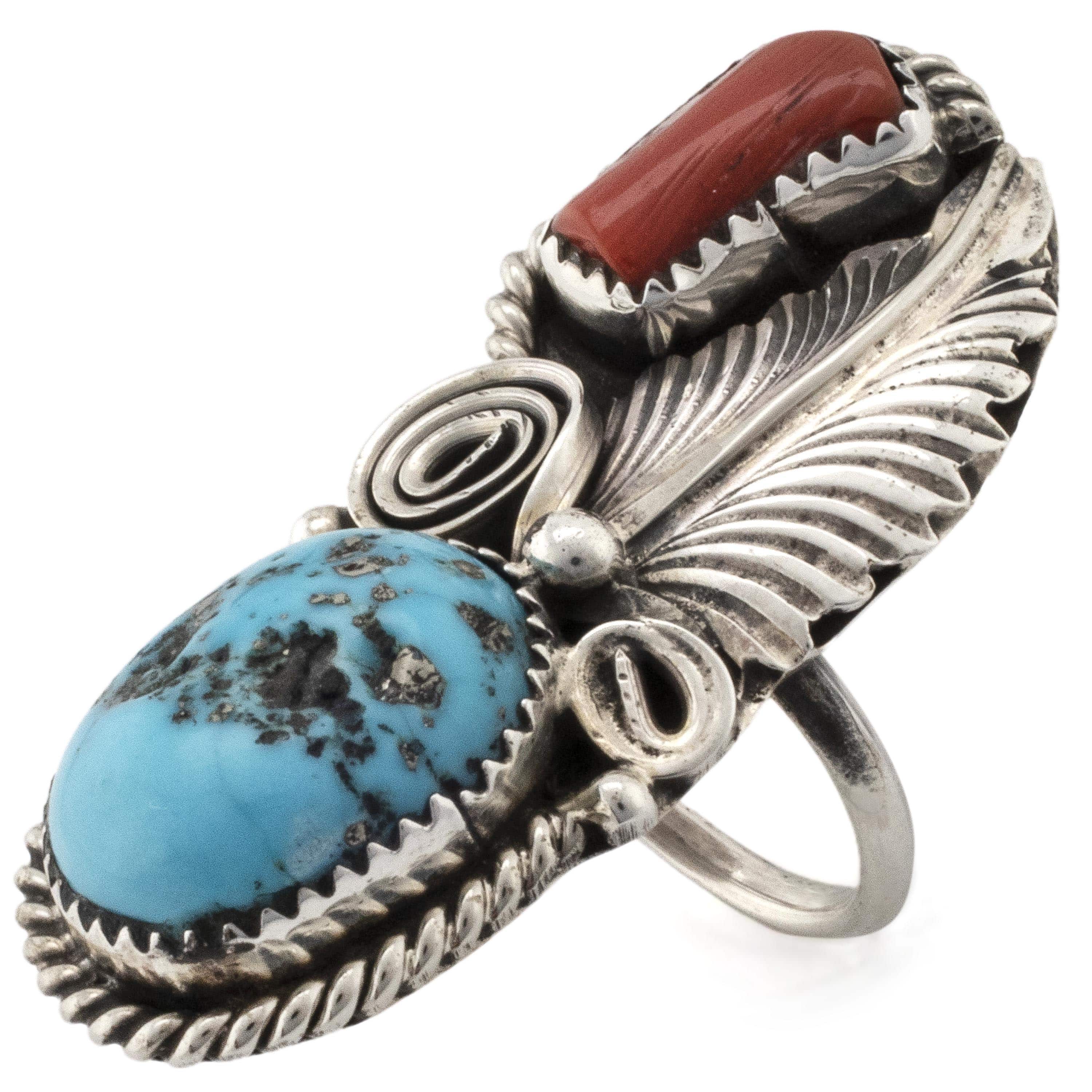 Kalifano Native American Jewelry 5 Mike Thomas Jr. Kingman Turquoise and Coral Navajo USA Native American Made 925 Sterling Silver Ring NAR800.024.5