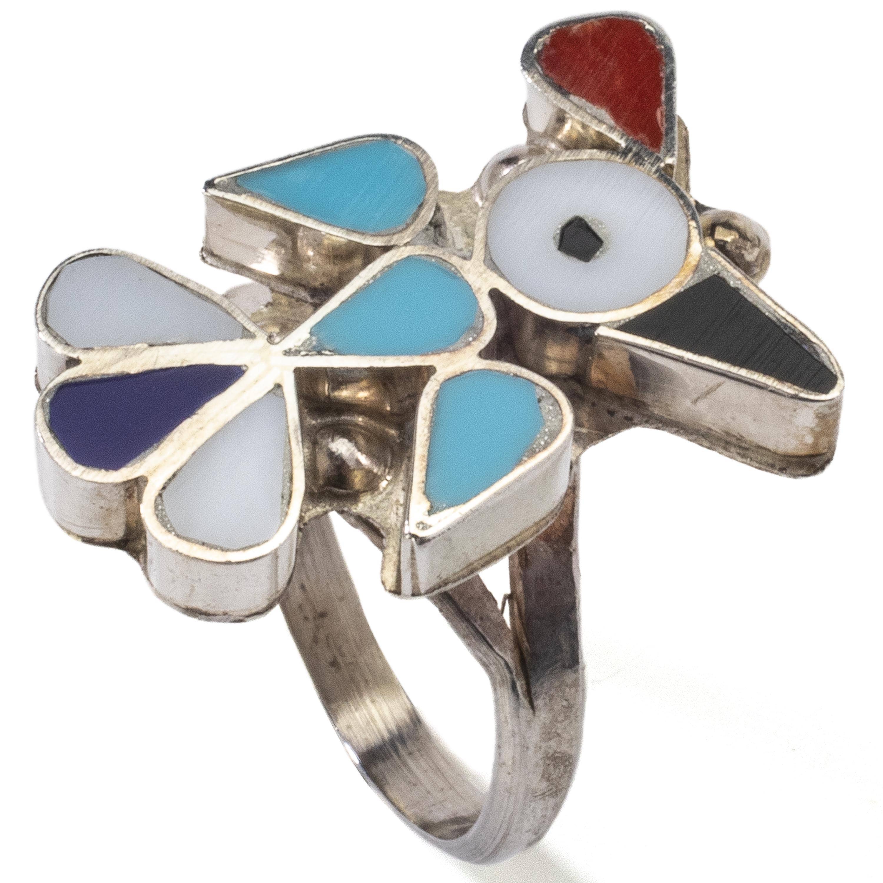 Kalifano Native American Jewelry 6.5 Pino Yunie Zuni Peyote Bird with Mother of Pearl, Black Onyx, Coral, Lapis, and Turquoise USA Native American Made 925 Sterling Silver Ring NAR200.026.65