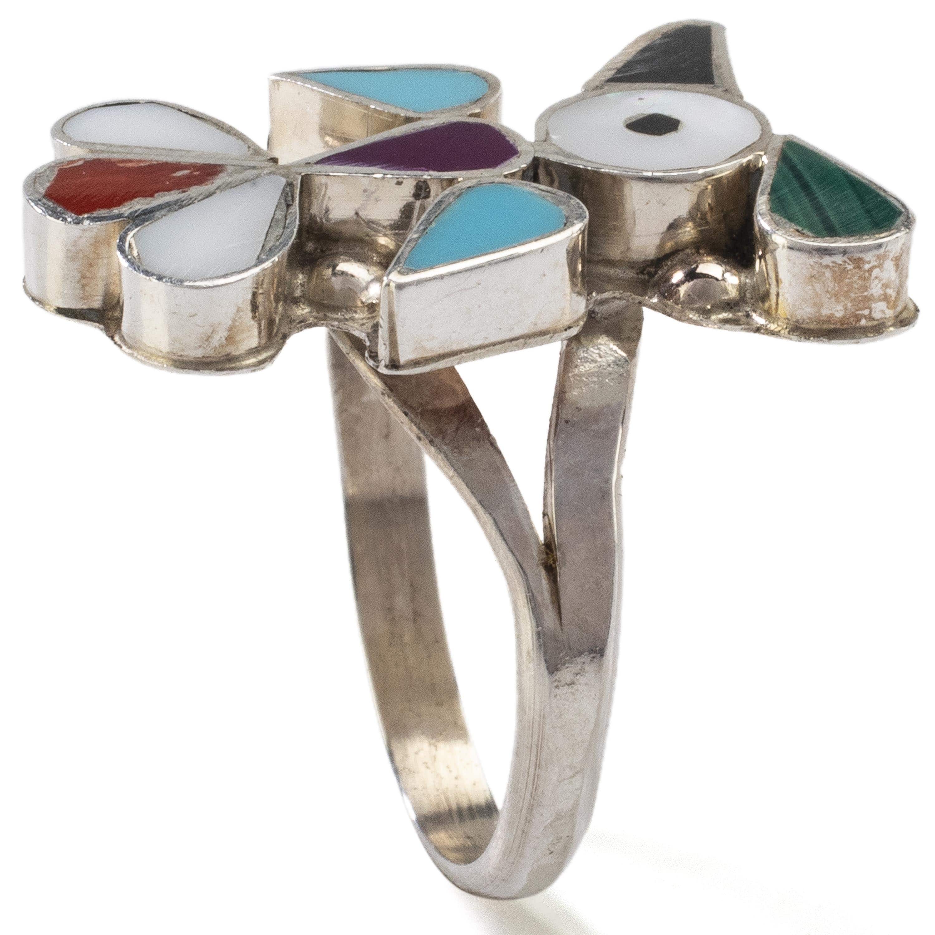 Kalifano Native American Jewelry 6 Pino Yunie Zuni Peyote Bird with Mother of Pearl, Black Onyx, Coral, Malachite, Purple Spiny Oyster Shell, & Turquoise USA Native American Made 925 Sterling Silver Ring NAR200.022.6