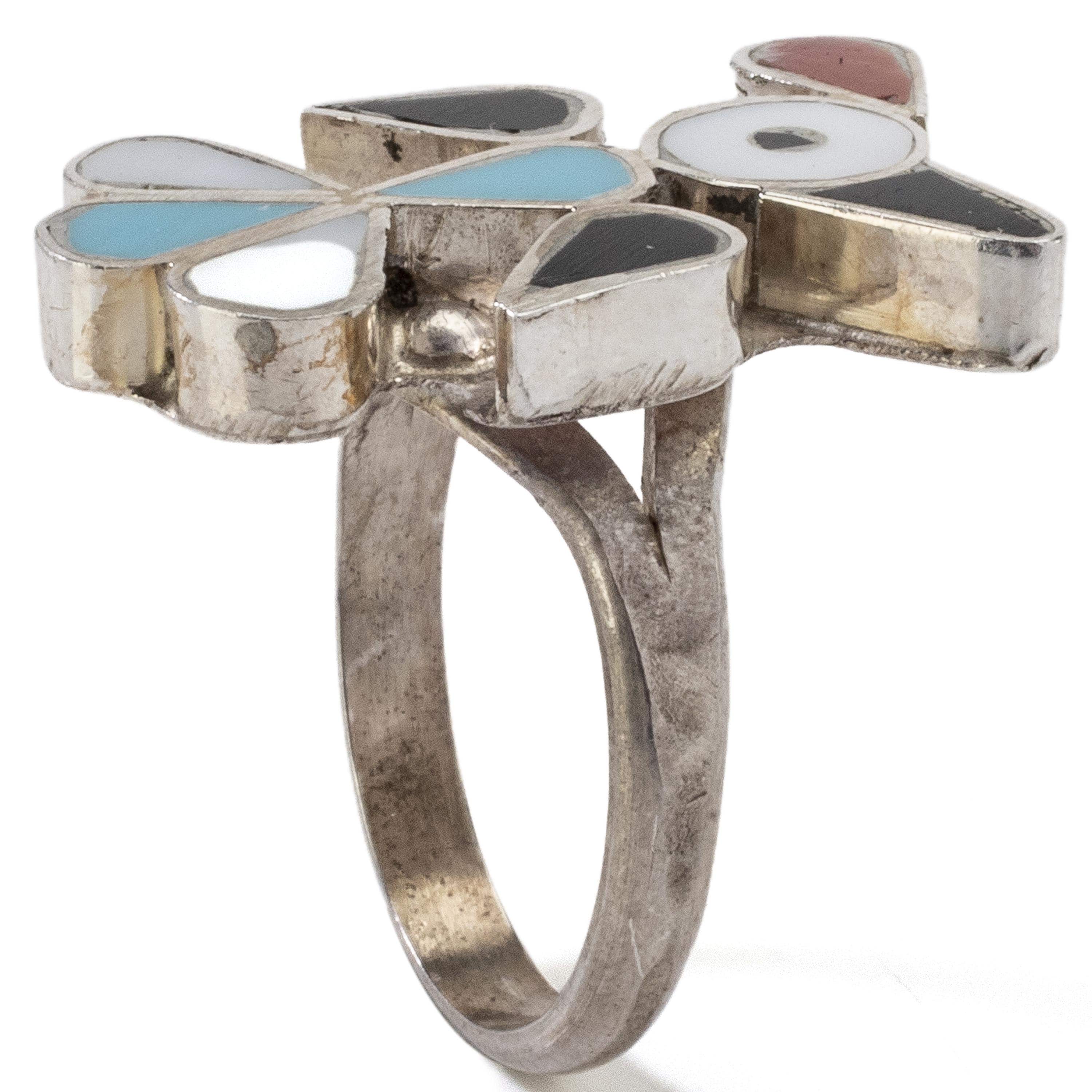 Kalifano Native American Jewelry 6 Pino Yunie Zuni Peyote Bird with Mother of Pearl, Black Onyx, Turquoise, and Coral USA Native American Made 925 Sterling Silver Ring NAR200.018.6