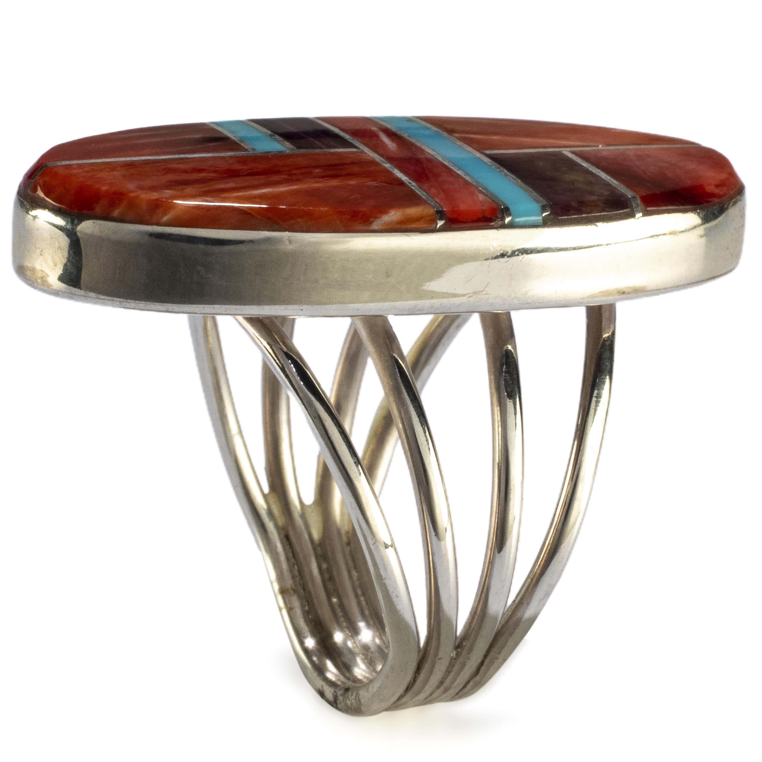 Kalifano Native American Jewelry 6 Red, Orange, and Purple Spiny Oyster Shell with Turquoise Inlay USA Native American Made 925 Sterling Silver Ring NAR800.040.6