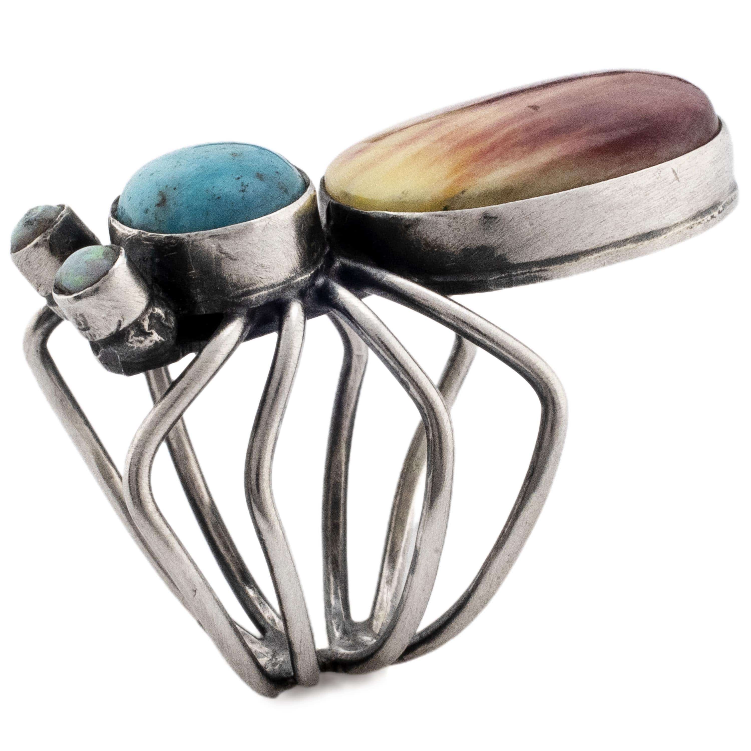 Kalifano Native American Jewelry 7.5 Herbert Ration Kingman Turquoise and Spiny Oyster Shell Spider USA Native American Made 925 Sterling Silver Ring NAR2400.006.75