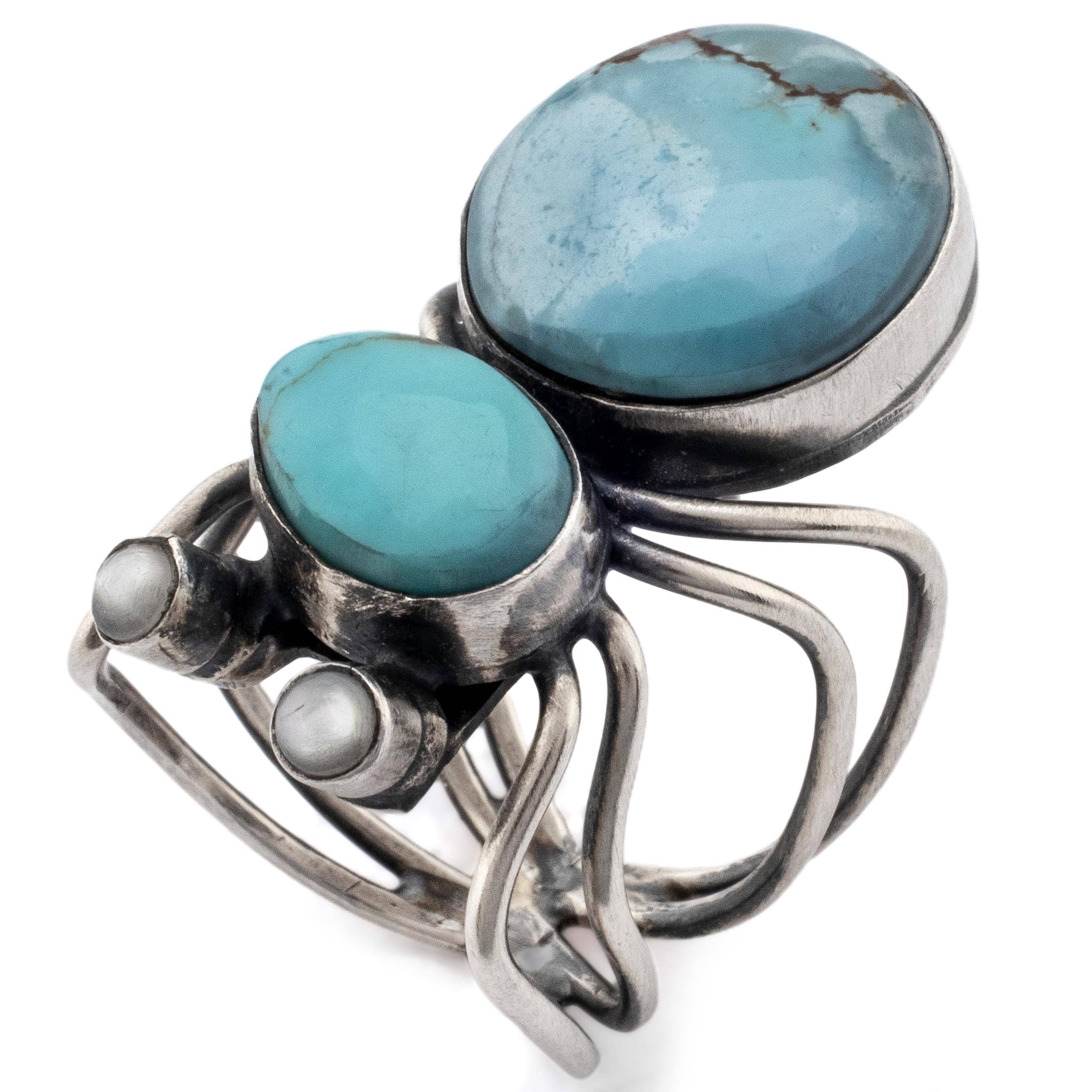 Kalifano Native American Jewelry 7 Herbert Ration Kingman Turquoise and Golden Hills Turquoise Spider USA Native American Made 925 Sterling Silver Ring NAR2400.007.7