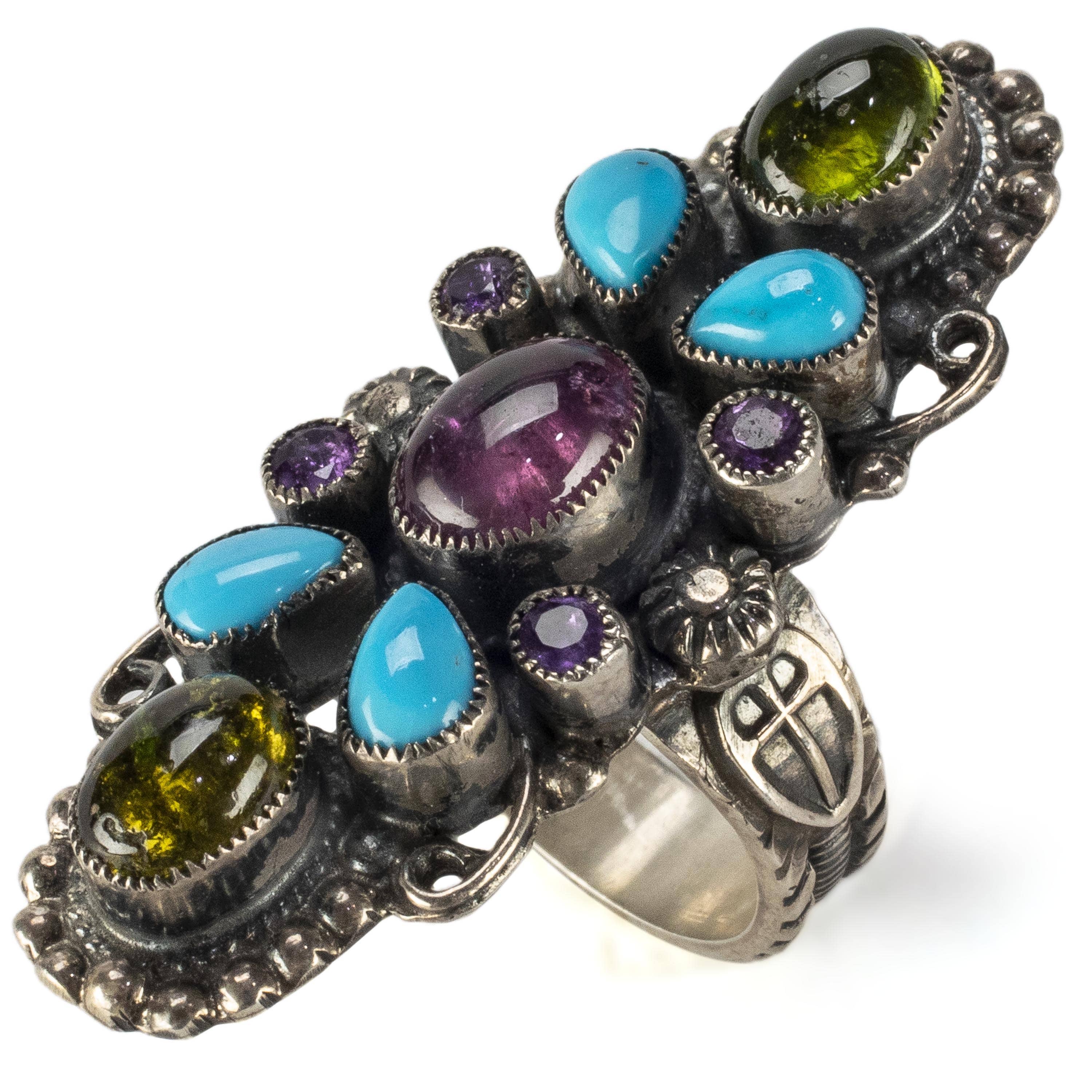 Kalifano Native American Jewelry 7 Leo Feeney Sleeping Beauty Turquoise, Peridot, Amethyst, Green & Pink Tourmaline USA Native American Made 925 Sterling Silver Ring NAR1600.005.7