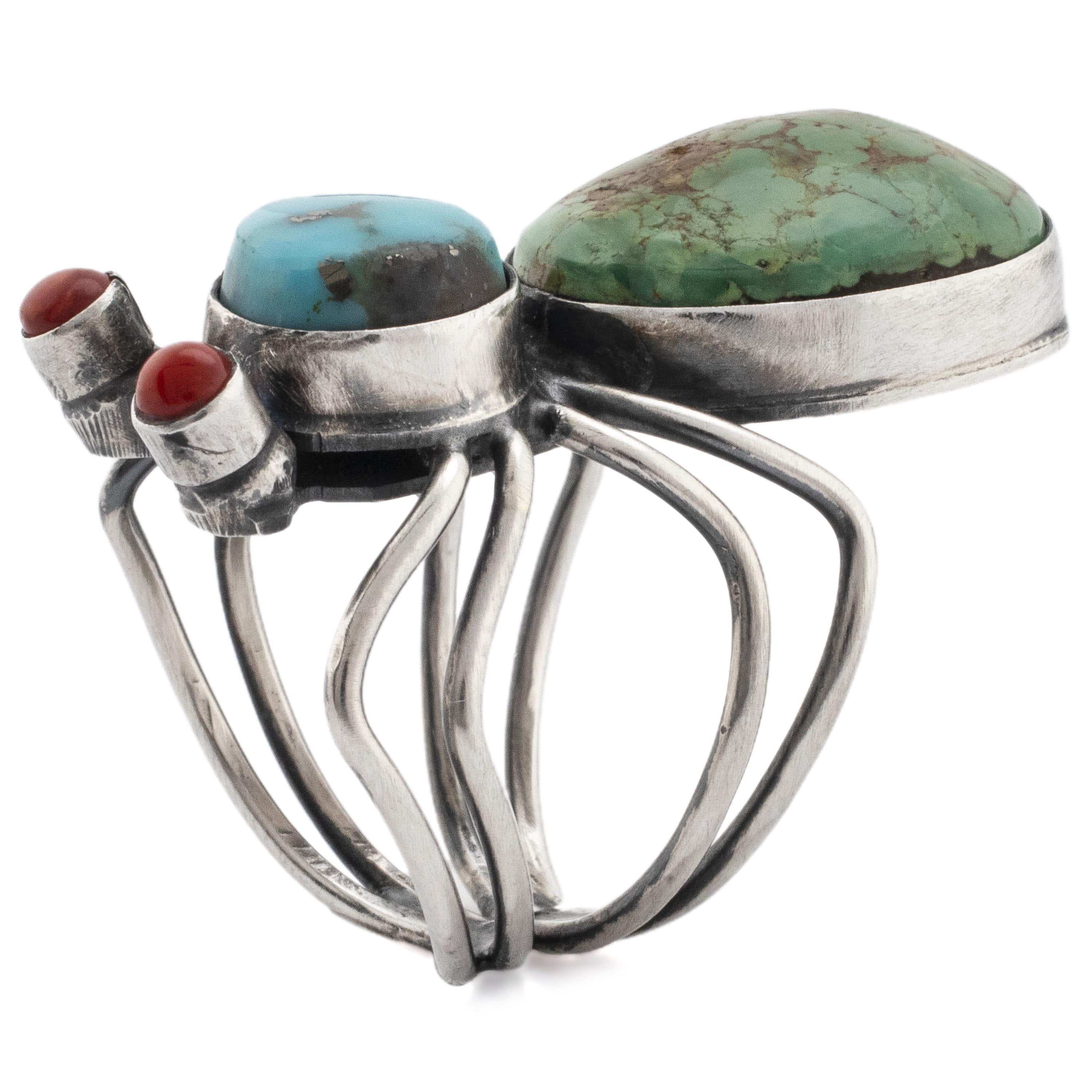 Kalifano Native American Jewelry 8 Herbert Ration Kingman Turquoise and Coral Spider USA Native American Made 925 Sterling Silver Ring NAR2400.005.8
