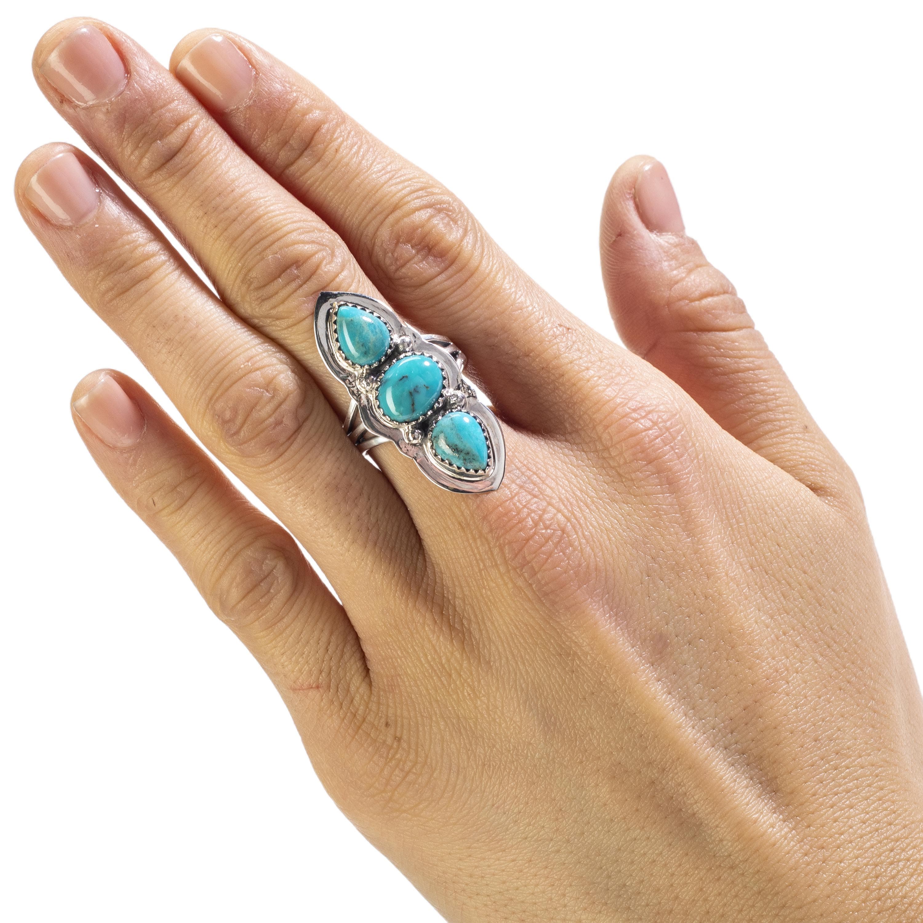 Kalifano Native American Jewelry 8 Triple Stone King Manassa Turquoise USA Handmade 925 Sterling Silver Ring NAR350.012.8