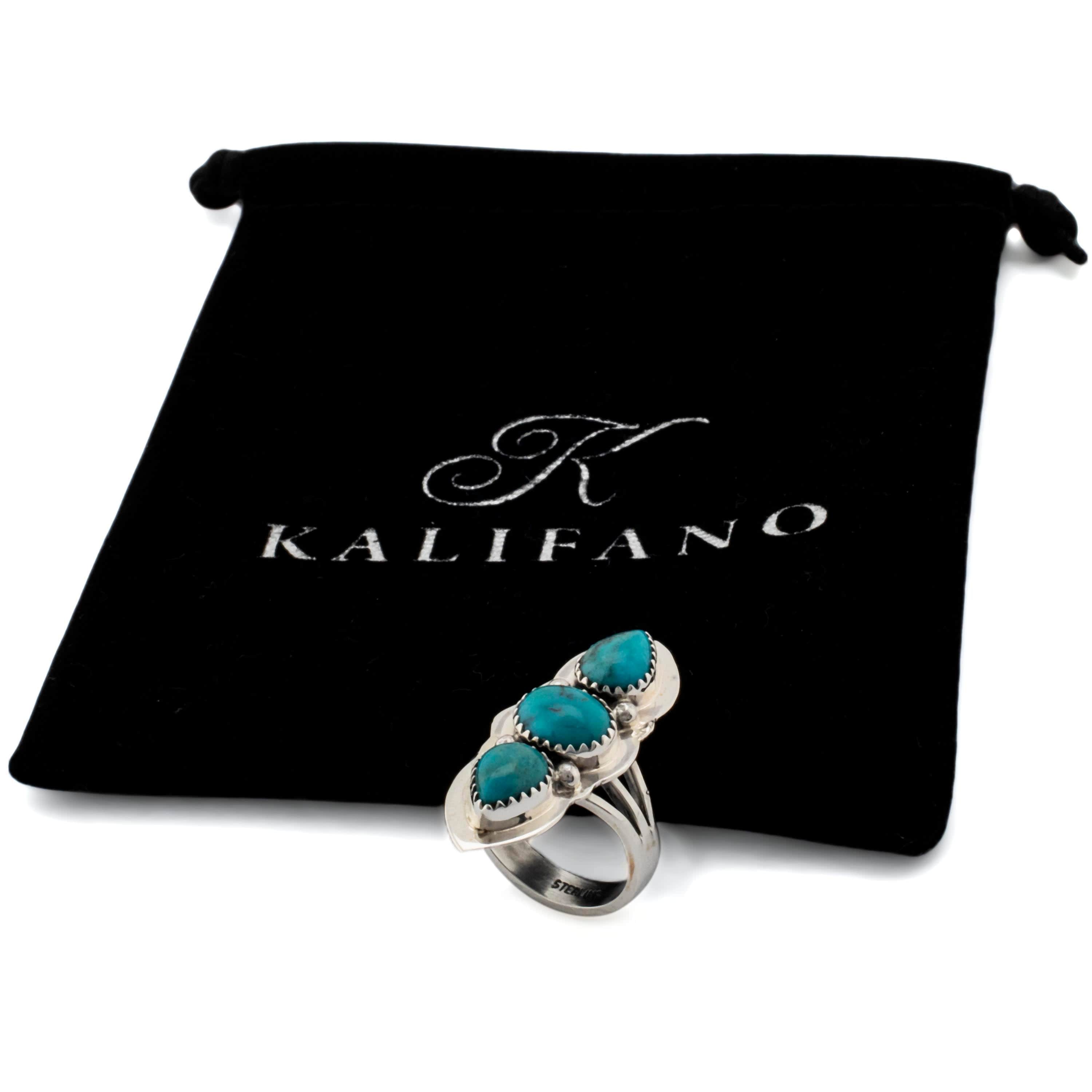 Kalifano Native American Jewelry 8 Triple Stone King Manassa Turquoise USA Handmade 925 Sterling Silver Ring NAR350.012.8