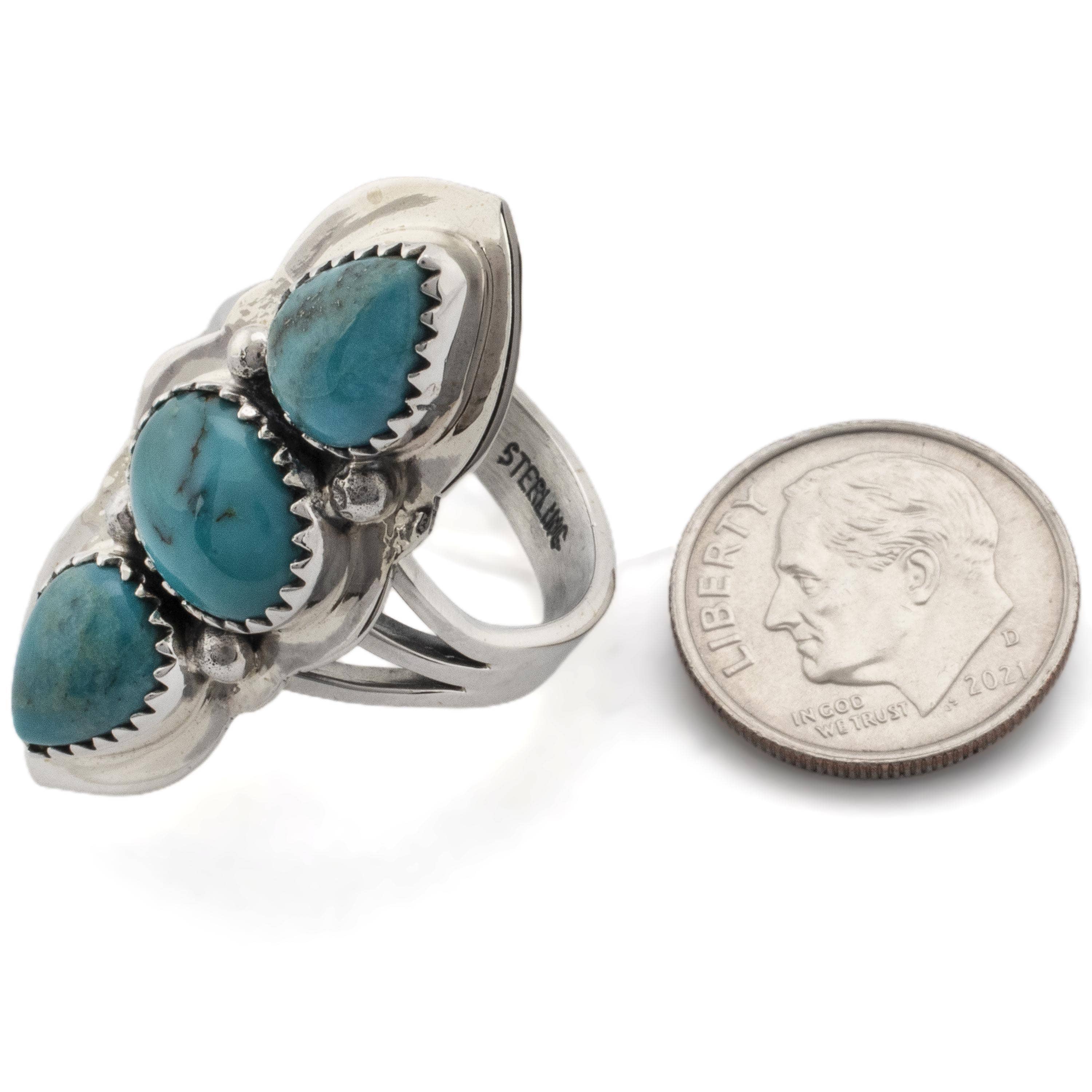 Kalifano Native American Jewelry 8 Triple Stone King Manassa Turquoise USA Handmade 925 Sterling Silver Ring NAR350.012.8