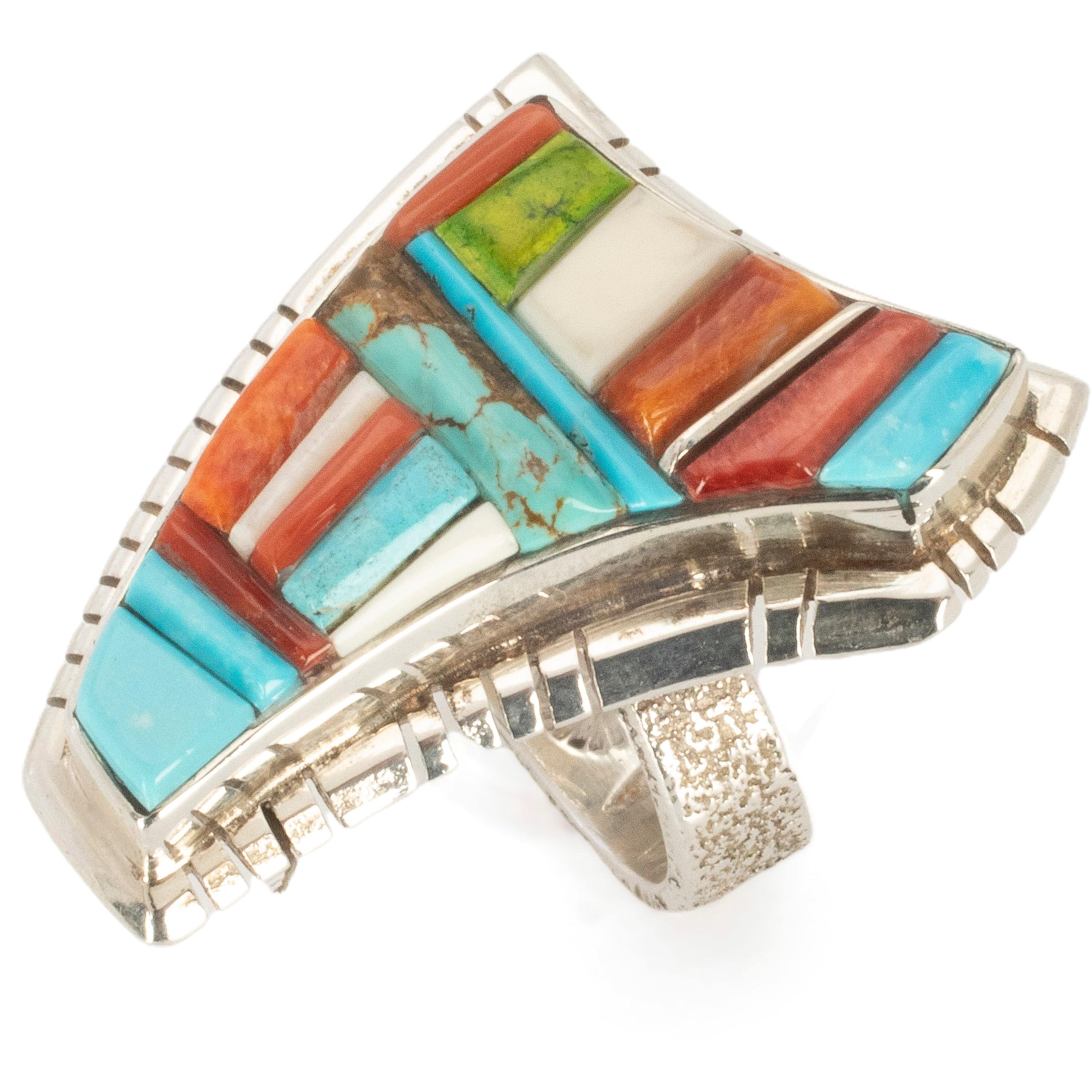Kalifano Native American Jewelry 9 David Tune Navajo Sleeping Beauty Turquoise, Coral, Spiny Oyster Shell, and Gaspite USA Native American Made 925 Sterling Silver Ring NAR1800.017.9