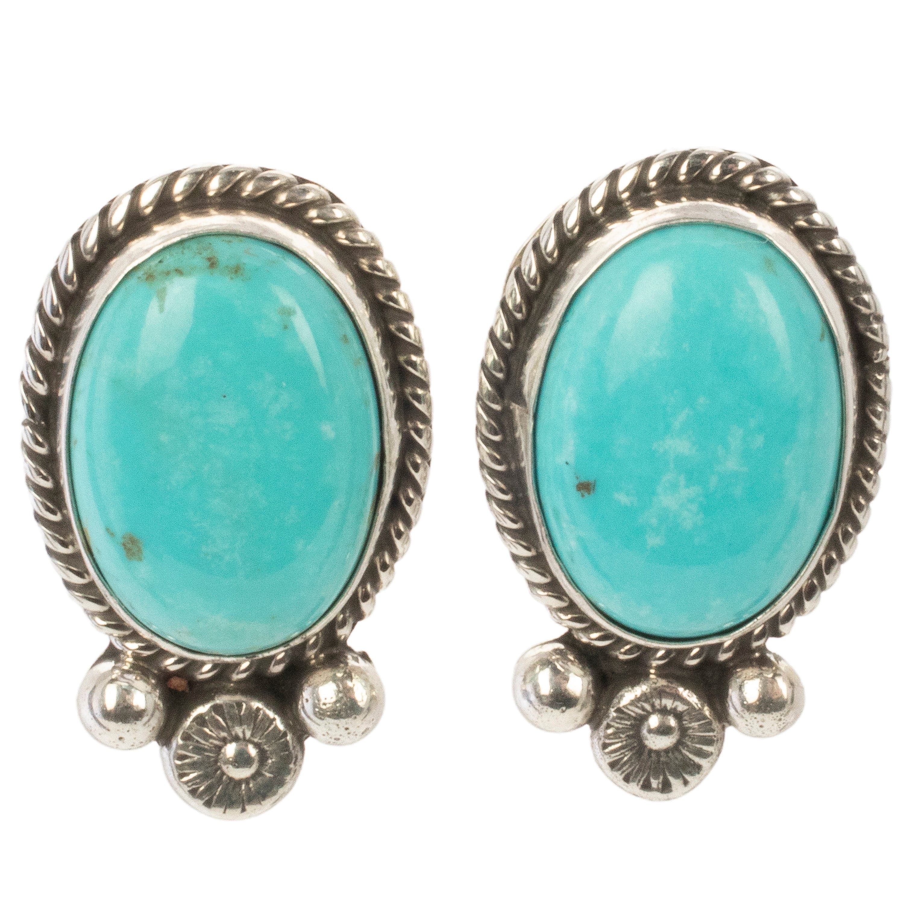 Kalifano Native American Jewelry Abellene Bah Navajo Kingman Turquoise Oval USA Native American Made 925 Sterling Silver Earrings with Stud Backing NAE300.019