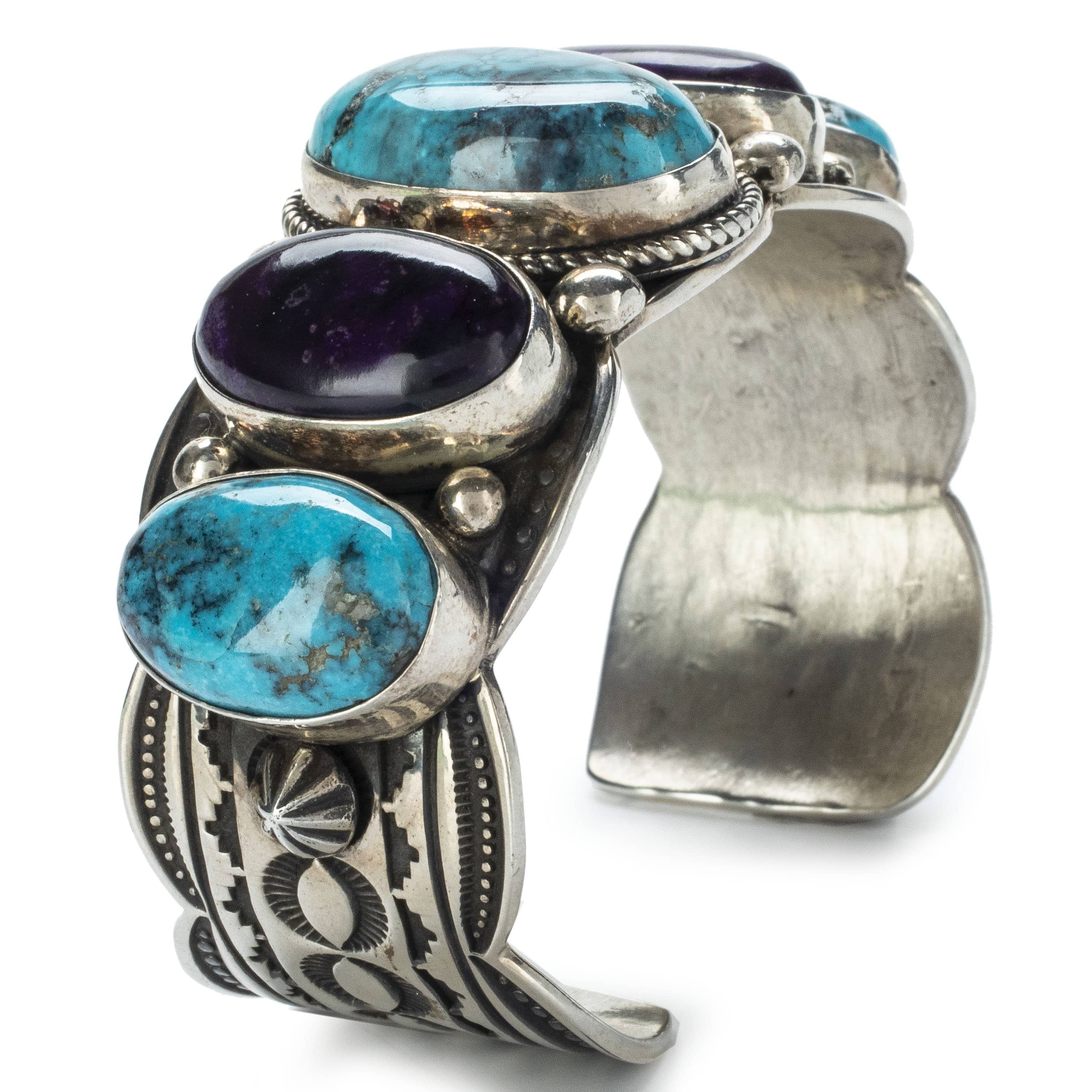 Kalifano Native American Jewelry Albert Jake Lone Mountain Turquoise and Sugilite USA Native American Made 925 Sterling Silver Cuff NAB4500.008