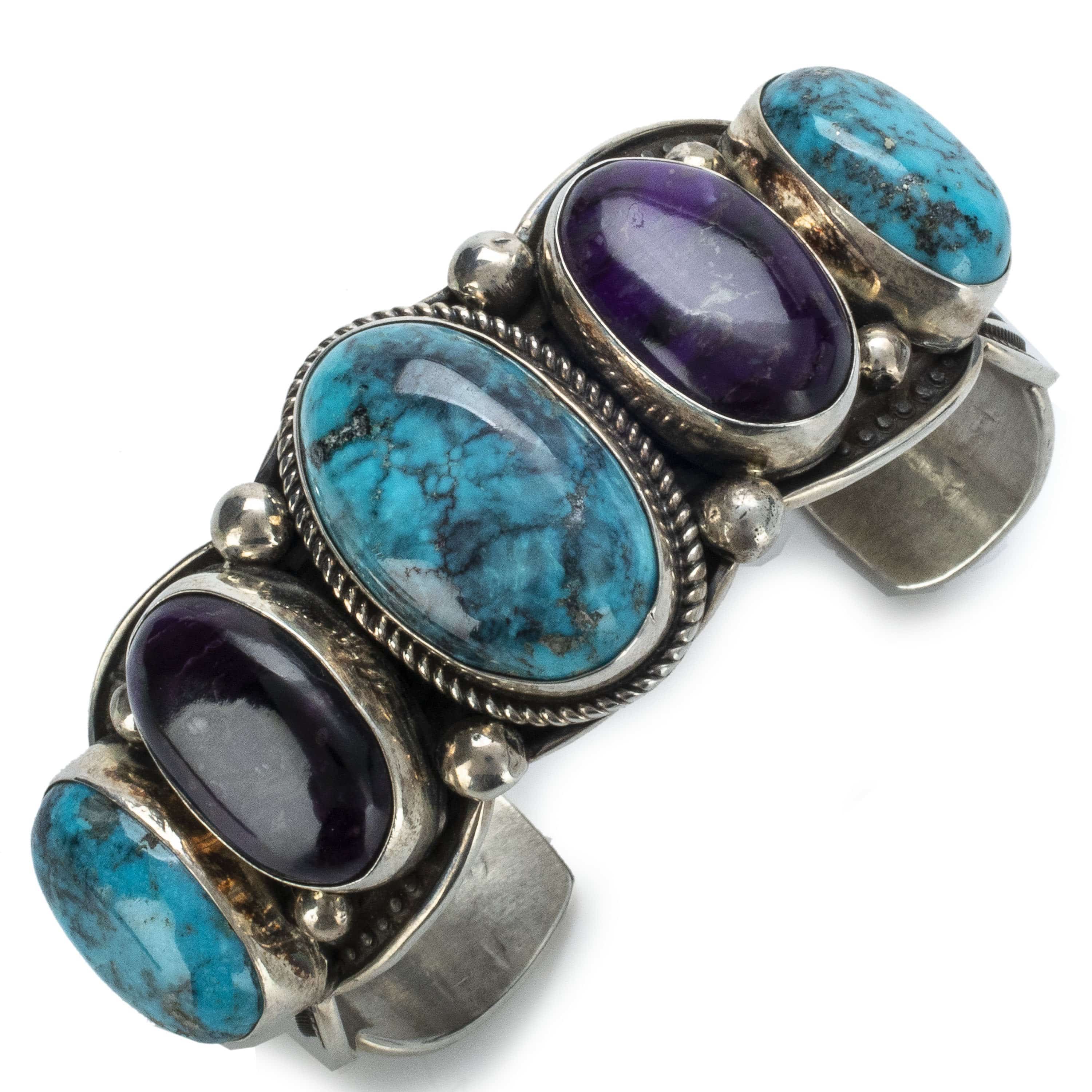 Kalifano Native American Jewelry Albert Jake Lone Mountain Turquoise and Sugilite USA Native American Made 925 Sterling Silver Cuff NAB4500.008