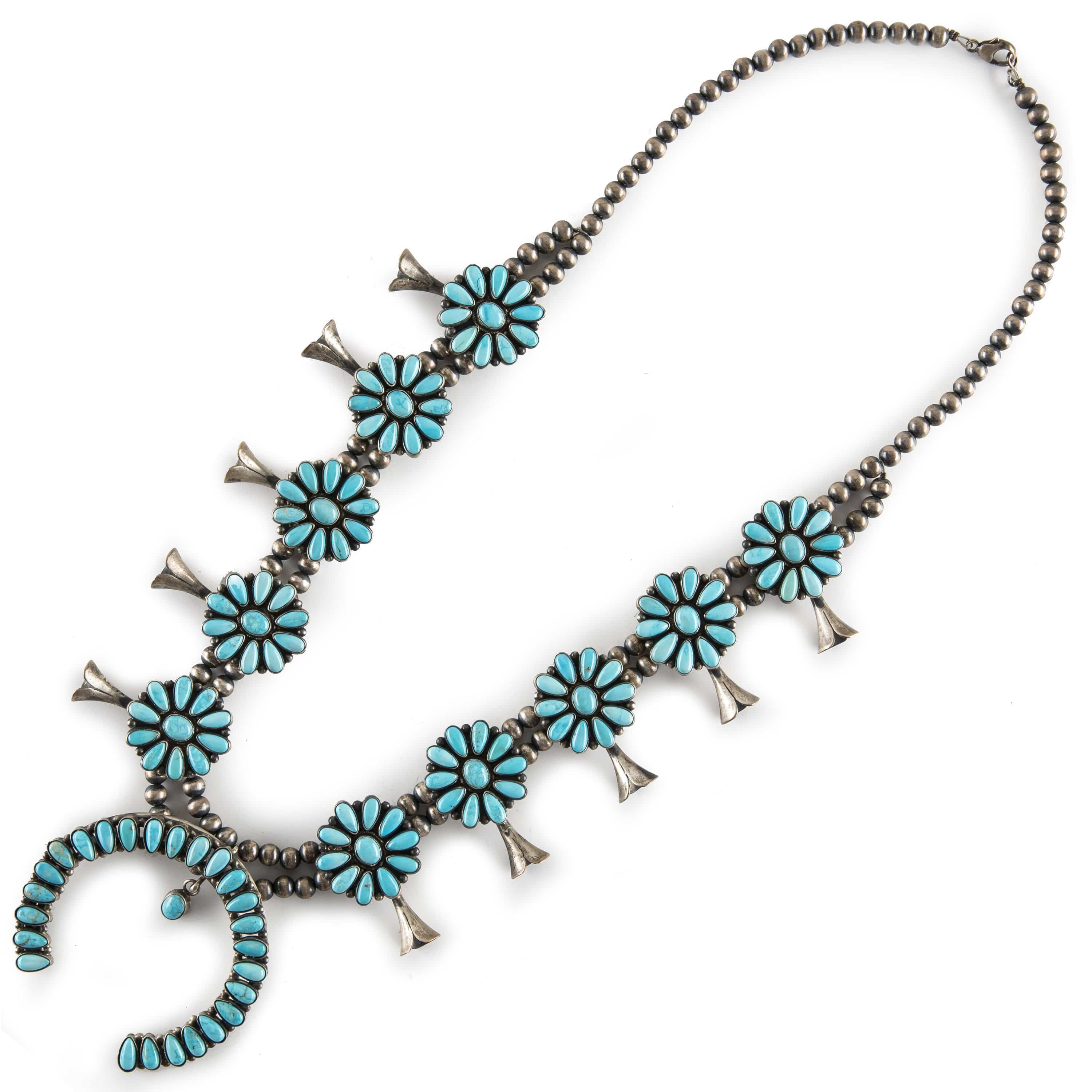 Kalifano Native American Jewelry Bea Tom Kingman Turquoise Squash Blossom USA Native American Made 925 Sterling Silver Necklace NAN15000.007