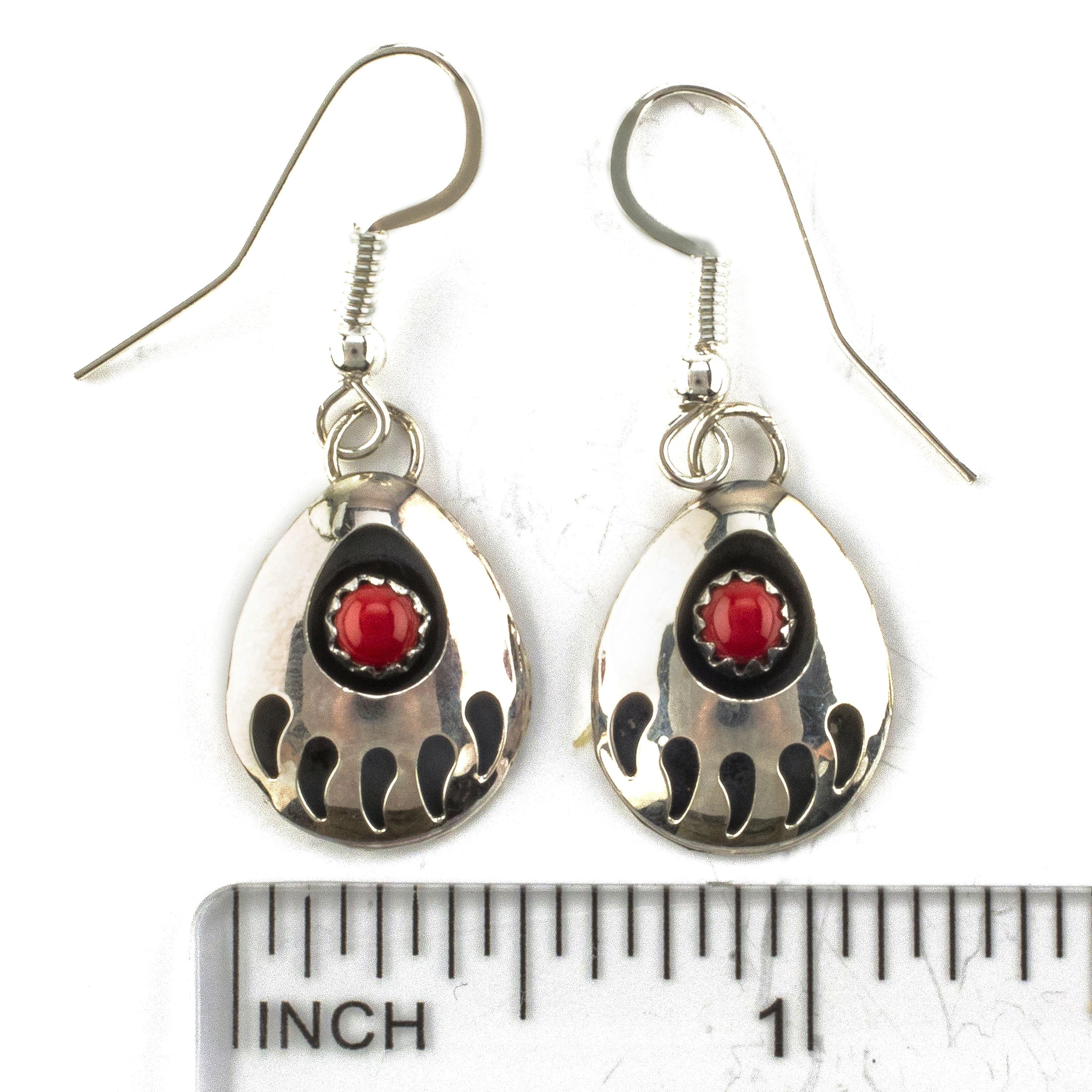 Kalifano Native American Jewelry Bear Claw with Coral Inlay USA Native American Made 925 Sterling Silver Earrings with French Hook NAE80.002