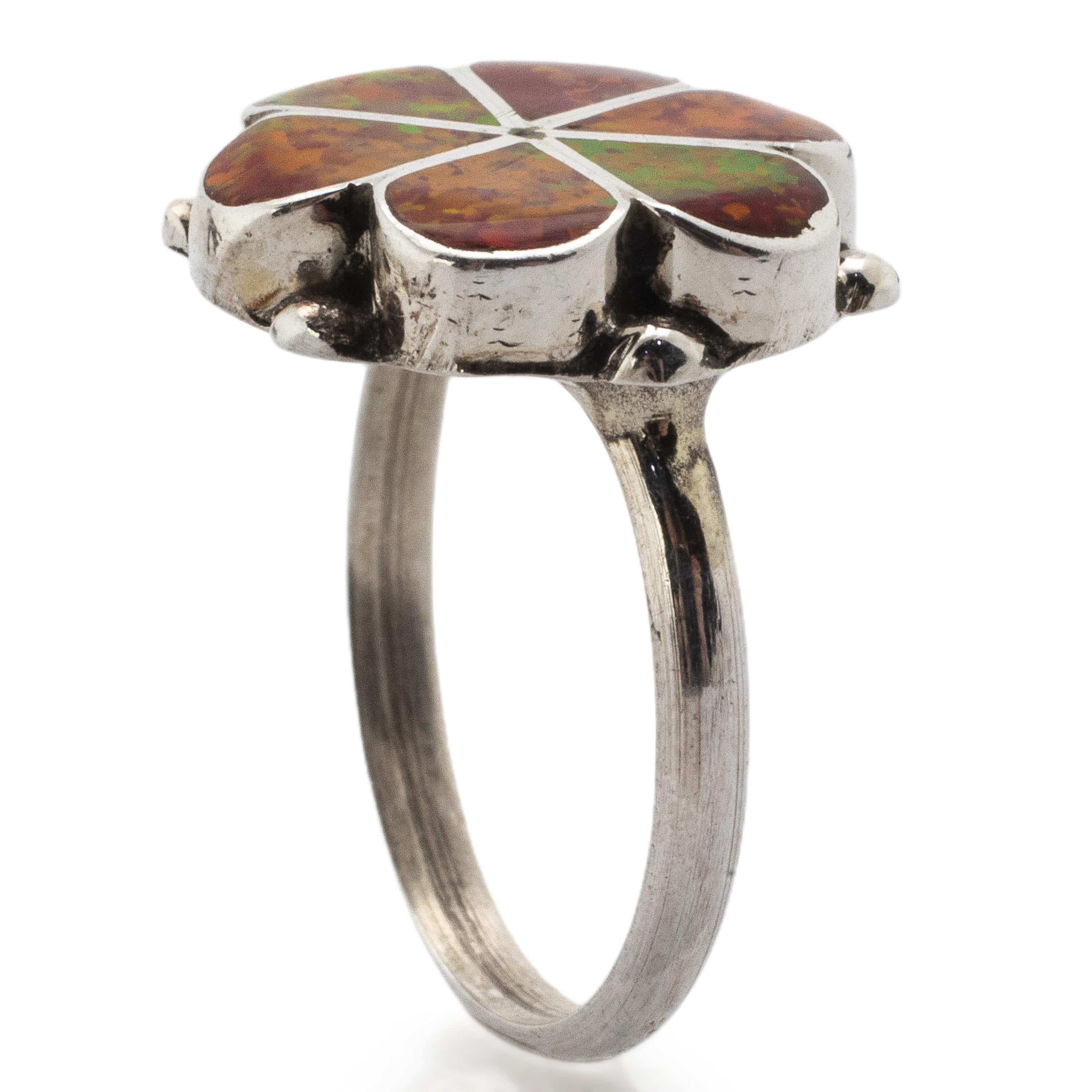 Kalifano Native American Jewelry Bernadette Hattie Zuni Fire Opal Flower Inlay USA Native American Made 925 Sterling Silver Ring