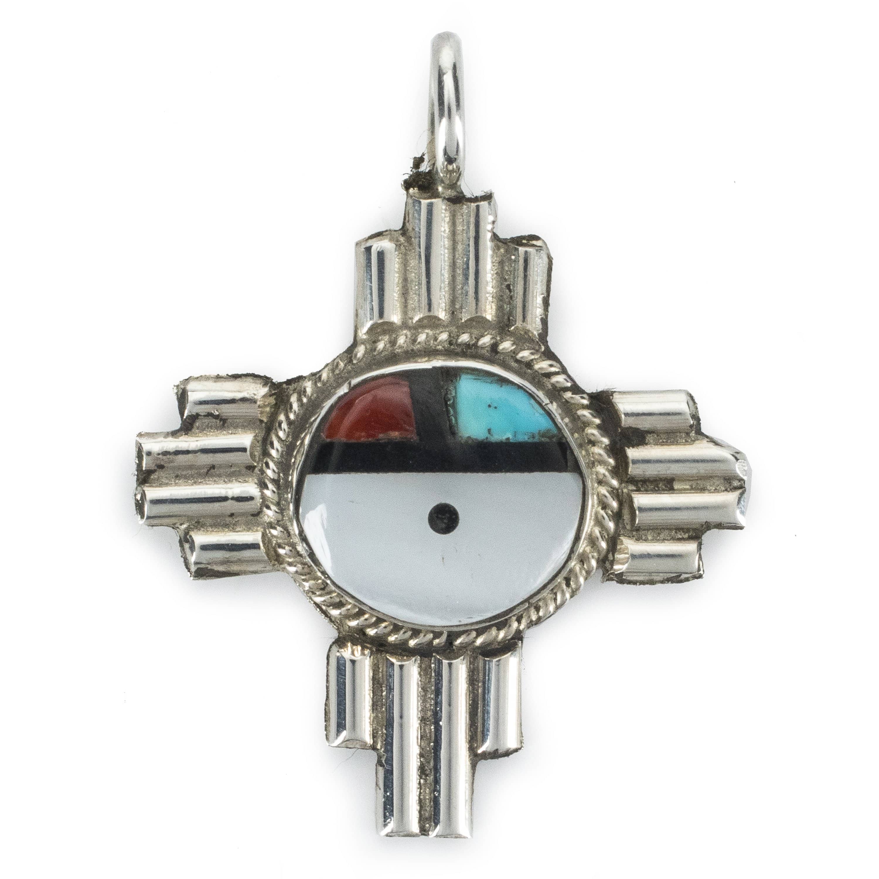 Kalifano Native American Jewelry C. Cheama Mother of Pearl, Turquoise, Jet, Coral Zuni USA Native American Made 925 Sterling Silver Pendant NAN200.002