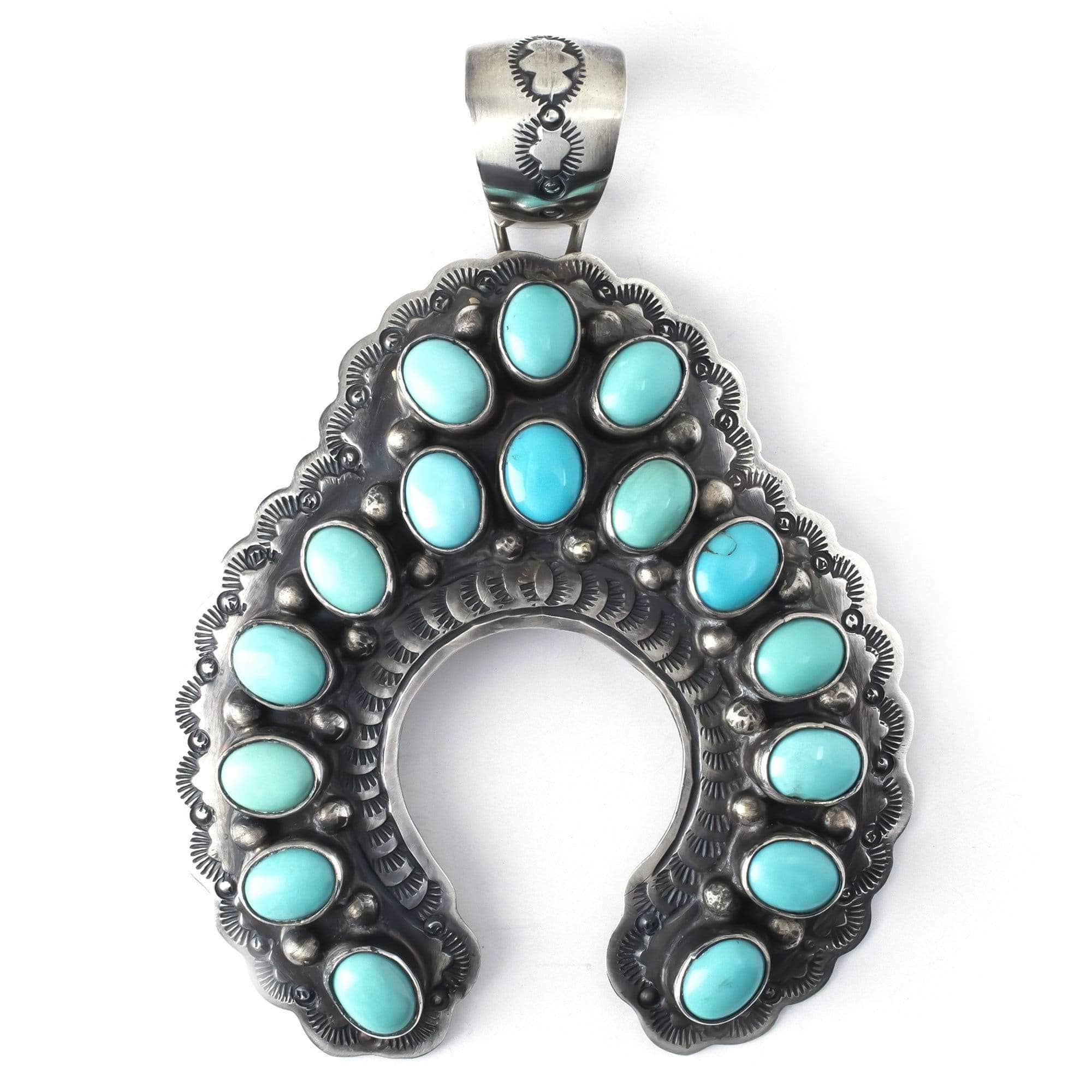 Kalifano Native American Jewelry Campitos Turquoise Native American Made 925 Sterling Silver Naja Squash Blossom 16 Cabochon Pendant NAN3600.001