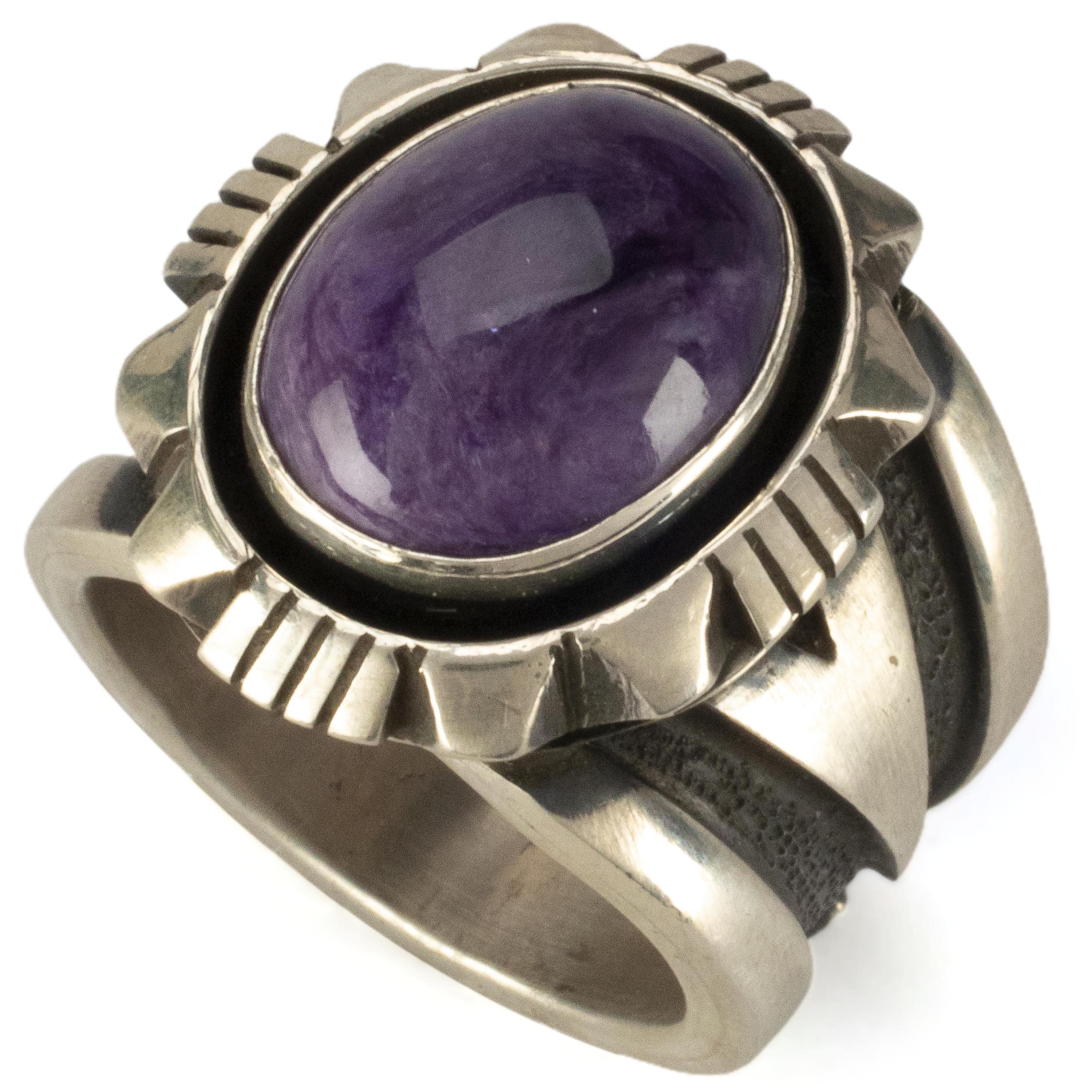 Kalifano Native American Jewelry Cooper Willie Navajo Charoite USA Native American Made 925 Sterling Silver Ring