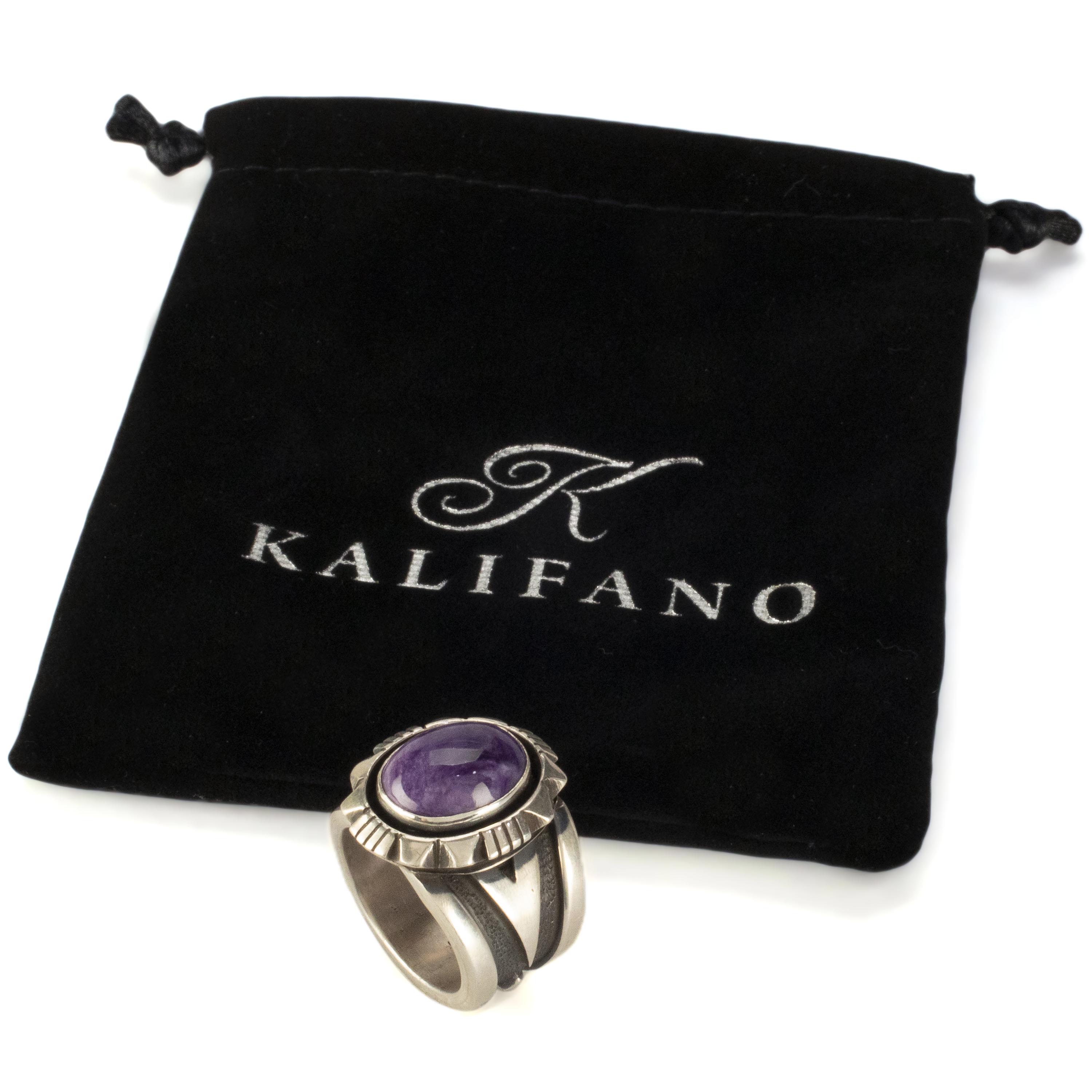 Kalifano Native American Jewelry Cooper Willie Navajo Charoite USA Native American Made 925 Sterling Silver Ring