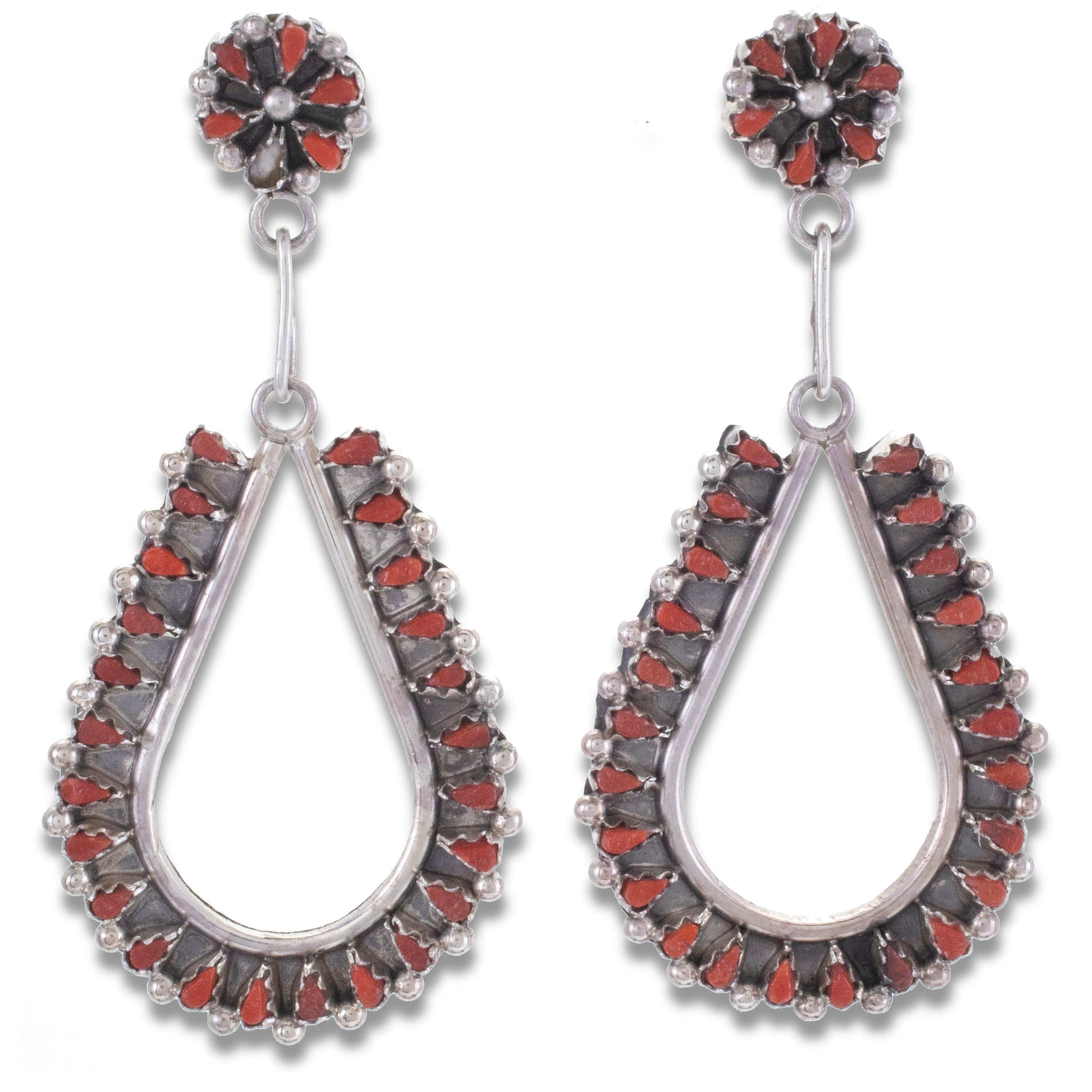 Kalifano Native American Jewelry Coral Zuni Needle Point Teardrop USA Native American Made 925 Sterling  Silver Dangly Earrings NAE1000.003