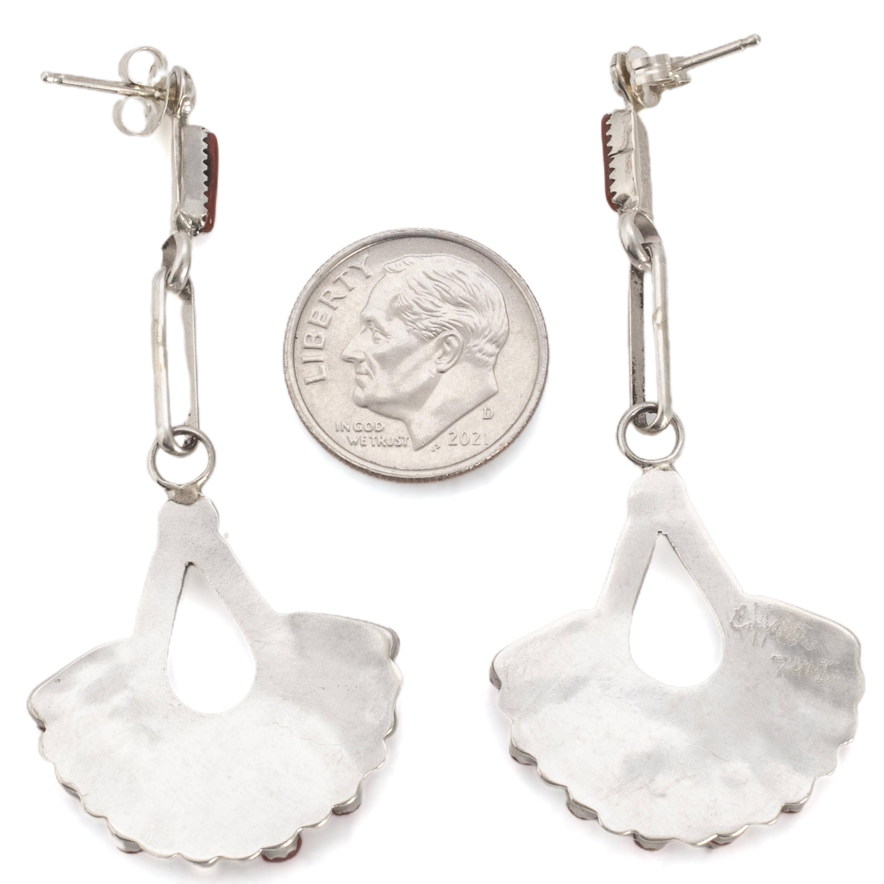 Kalifano Native American Jewelry Coral Zuni Needle Point USA Native American Made 925 Sterling Silver Earrings with Stud Backing NAE700.001