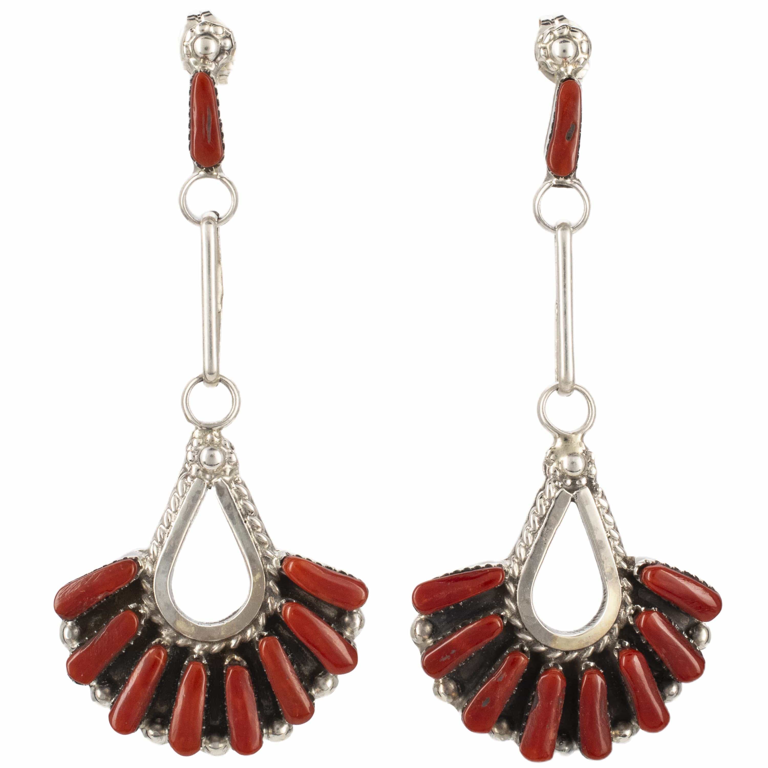Kalifano Native American Jewelry Coral Zuni Needle Point USA Native American Made 925 Sterling Silver Earrings with Stud Backing NAE700.001