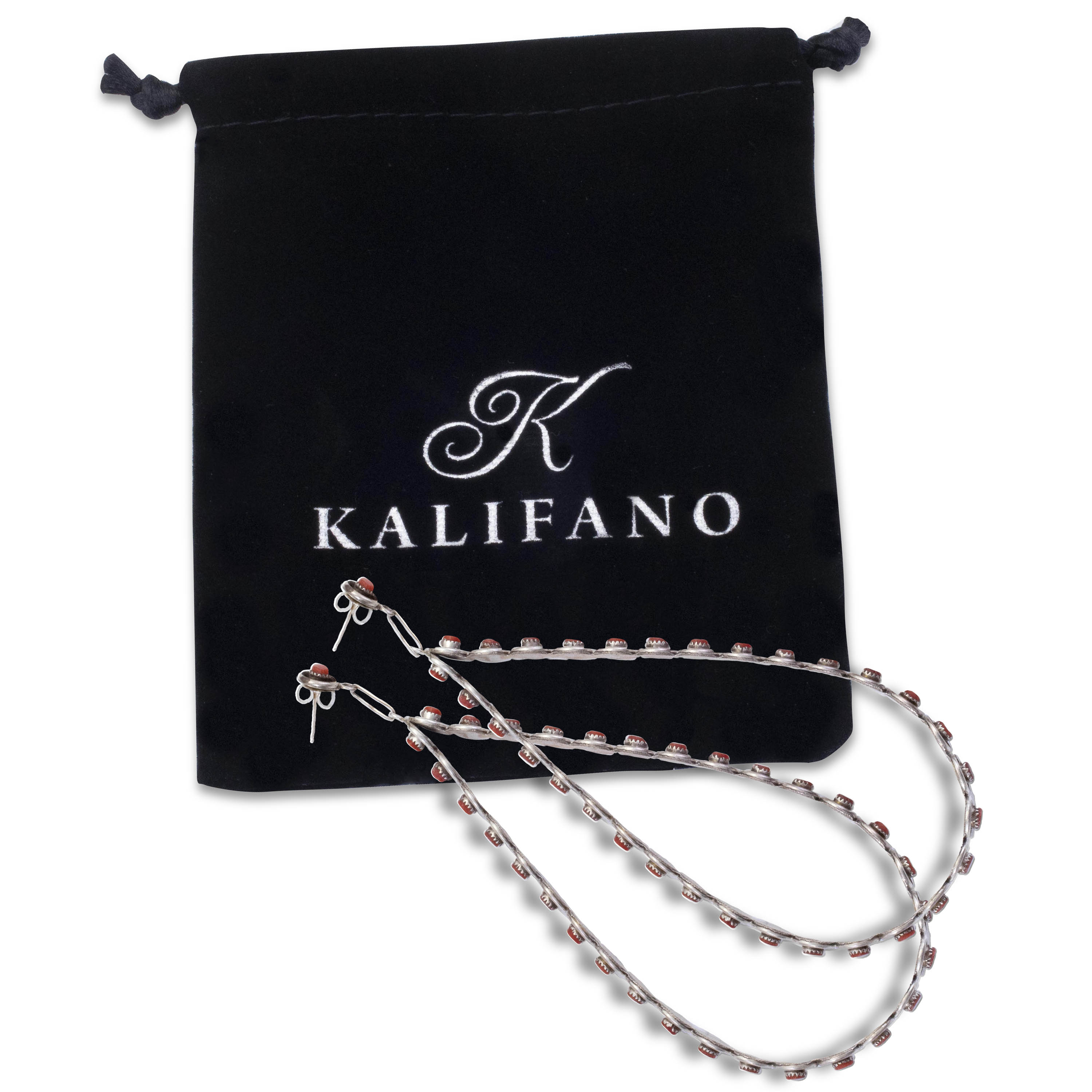 Kalifano Native American Jewelry Coral Zuni Petit Point Teardrop USA Native American Made 925 Sterling Silver Dangly Earrings NAE1500.003