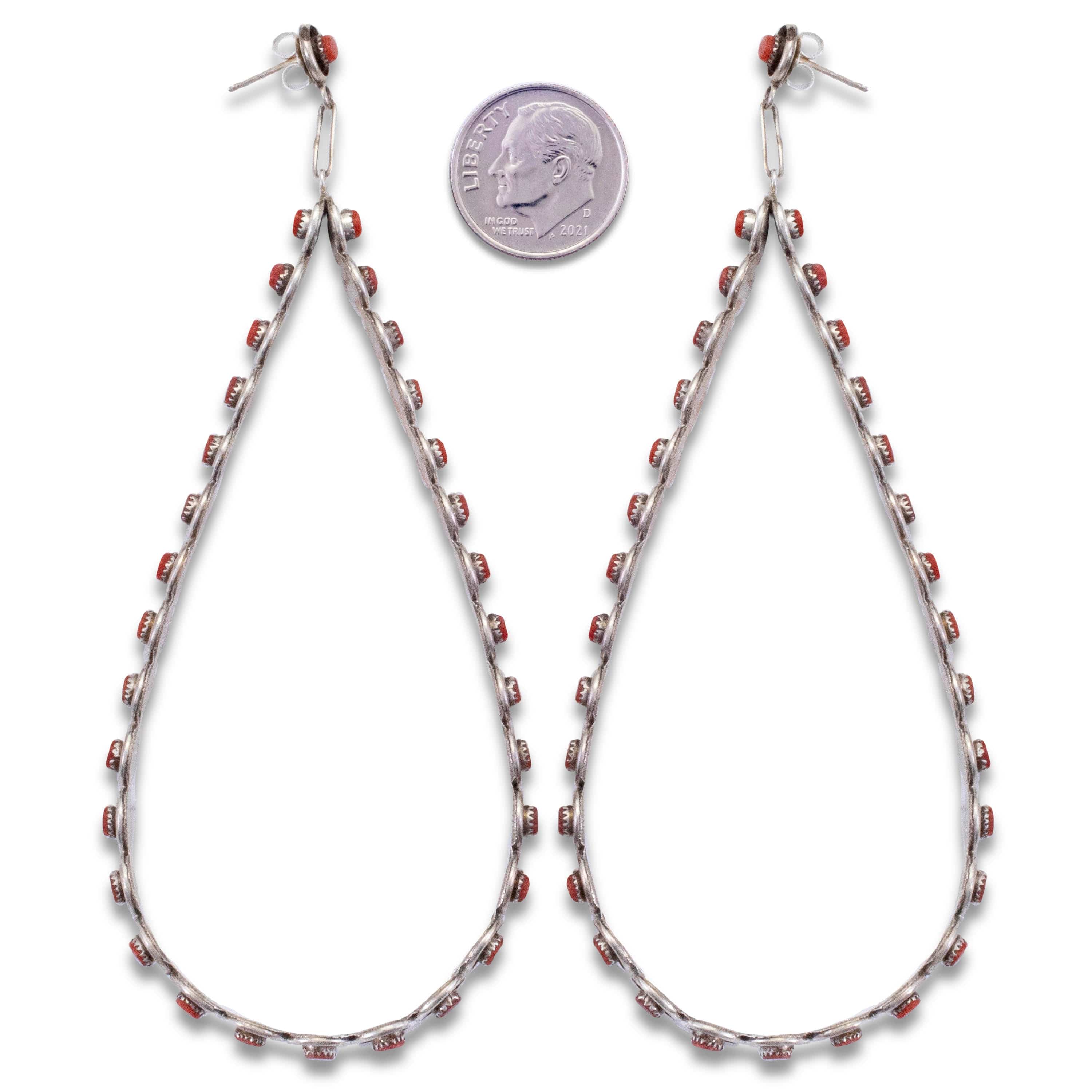 Kalifano Native American Jewelry Coral Zuni Petit Point Teardrop USA Native American Made 925 Sterling Silver Dangly Earrings NAE1500.003