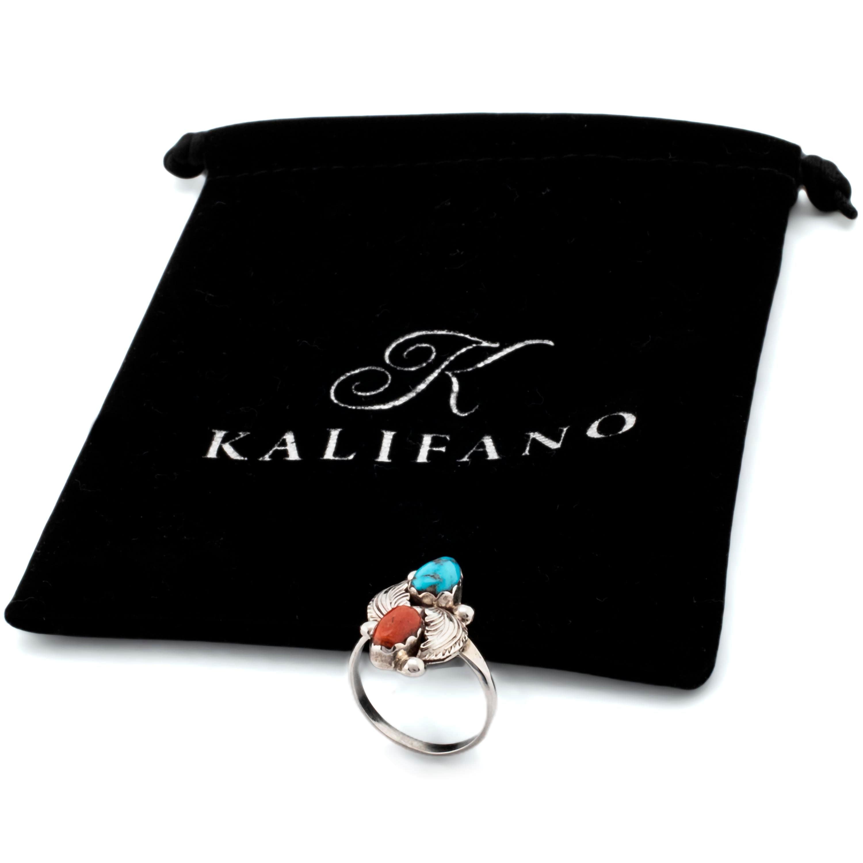 Kalifano Native American Jewelry Dan Simplicio Kingman Turquoise and Coral USA Native American Made 925 Sterling Silver Ring