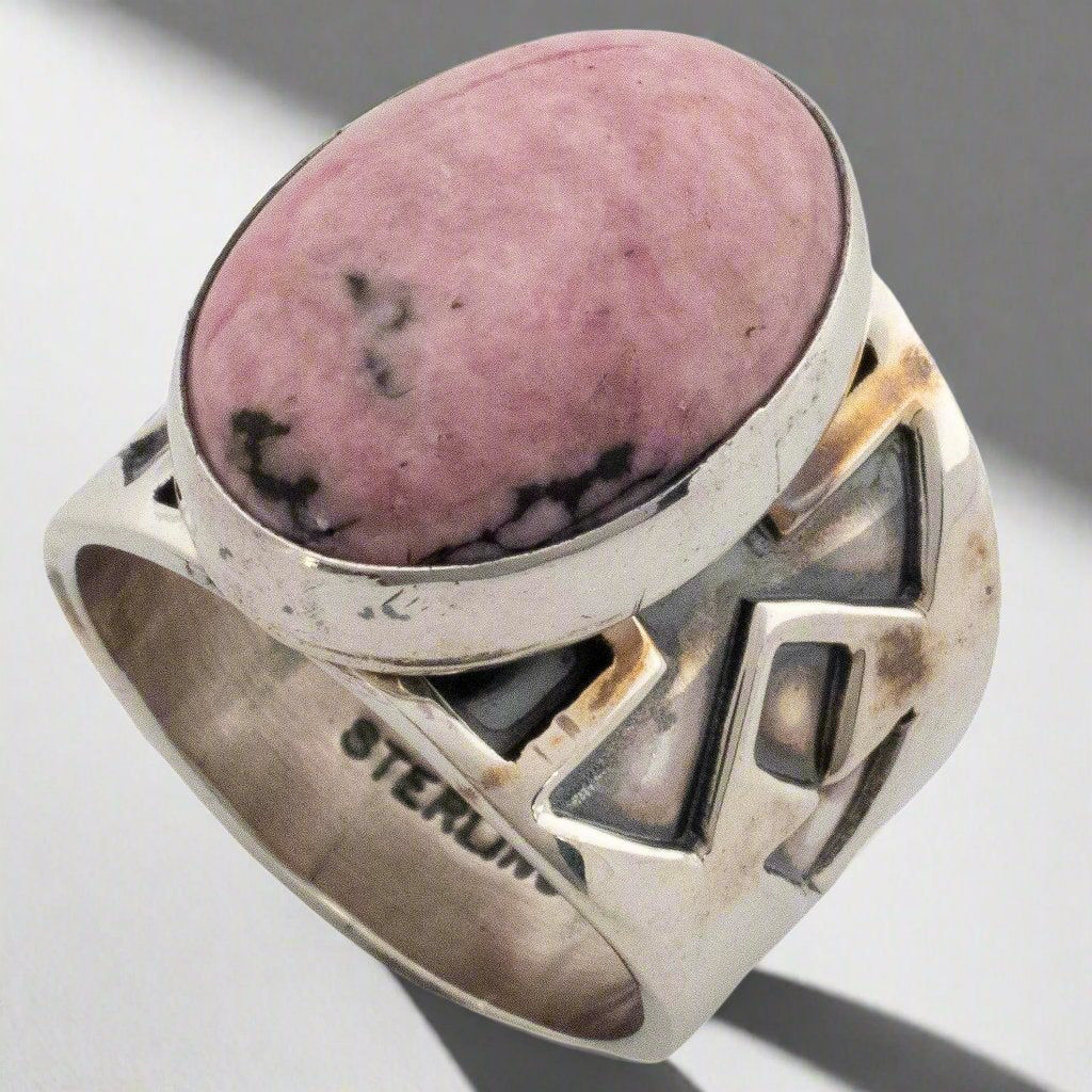 Kalifano Native American Jewelry Danny Clark Navajo Rhodonite USA Native American Made 925 Sterling Silver Ring