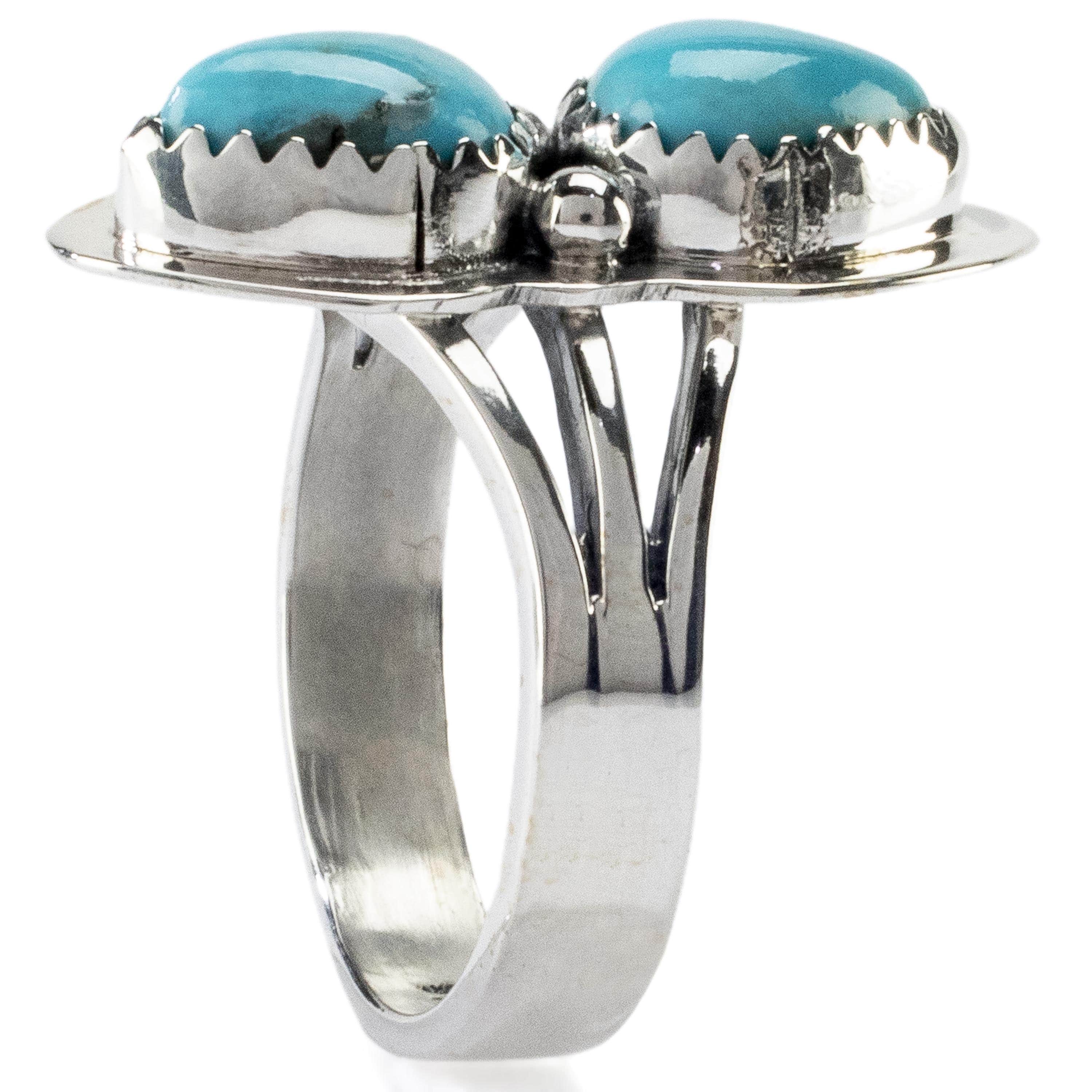 Kalifano Native American Jewelry Double Teardrop King Manassa Turquoise USA Handmade 925 Sterling Silver Ring