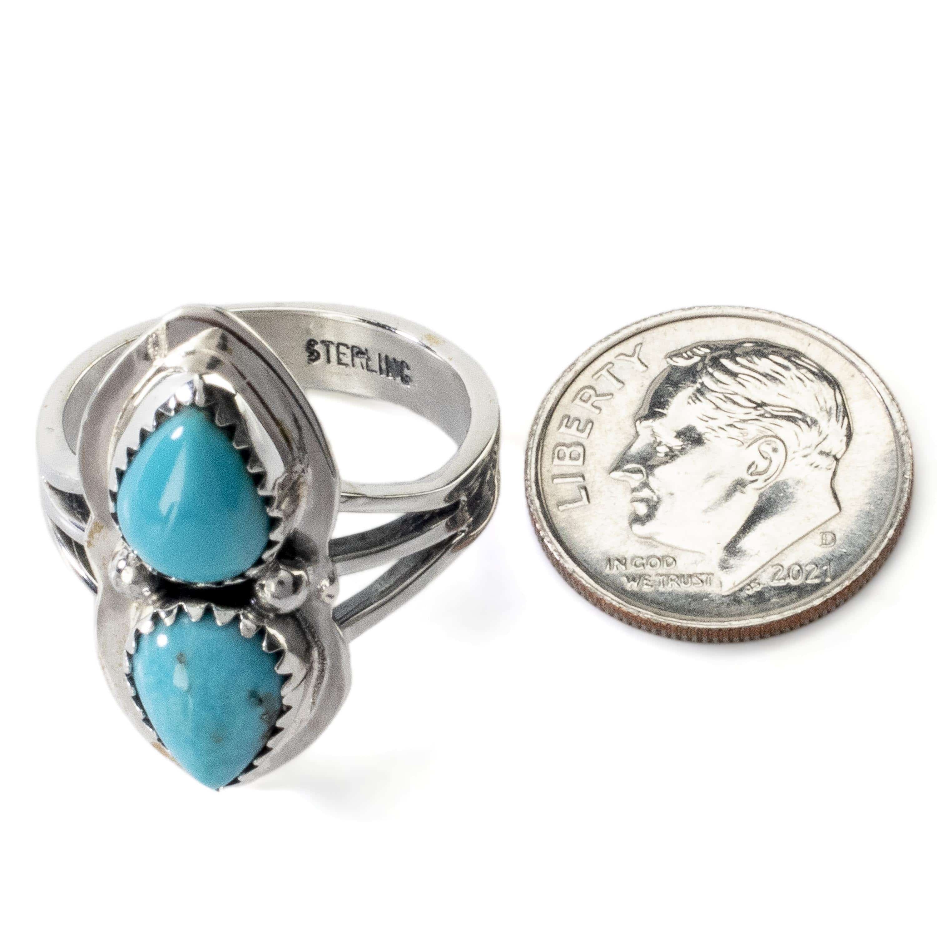 Kalifano Native American Jewelry Double Teardrop King Manassa Turquoise USA Handmade 925 Sterling Silver Ring