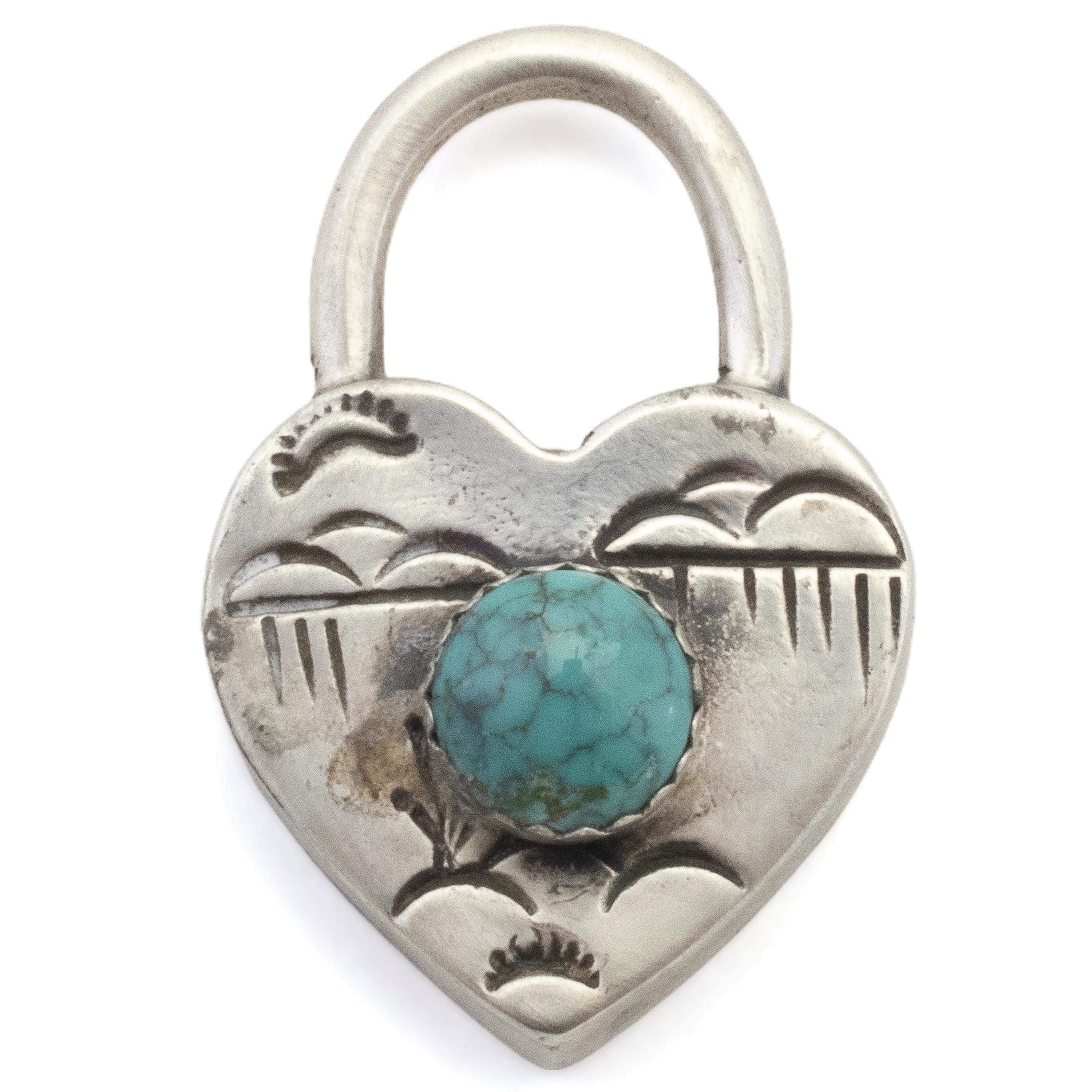 Kalifano Native American Jewelry Emer Thompson Navajo Genuine Turquoise Heart Lock USA Native American Made 925 Sterling Silver Pendant NAN500.006