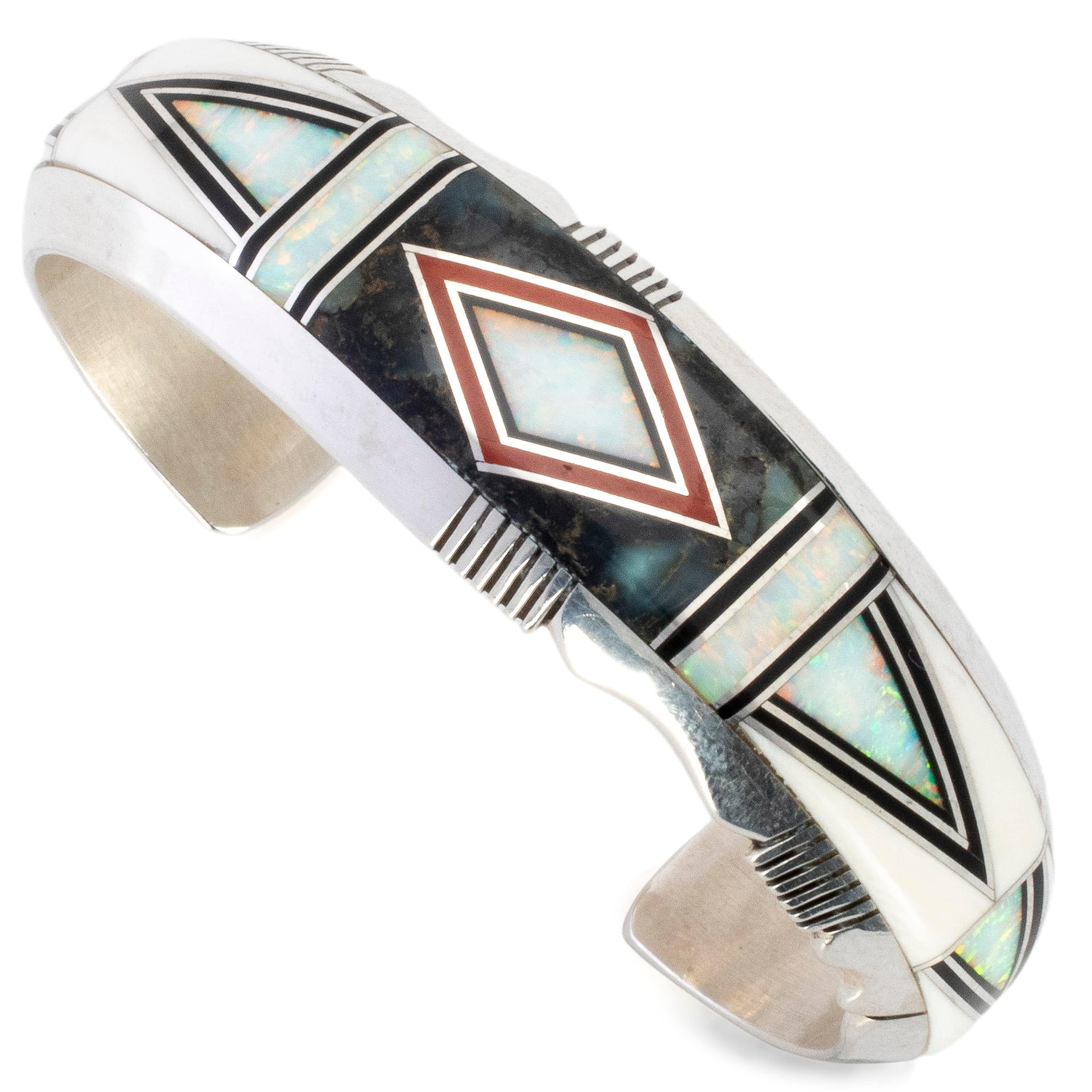 Kalifano Native American Jewelry Erik Nelson White Pristine Magnesite, White Opal, New Lander Stone, and Coral Inlay USA Native American Made 925 Sterling Silver Cuff NAB3000.013