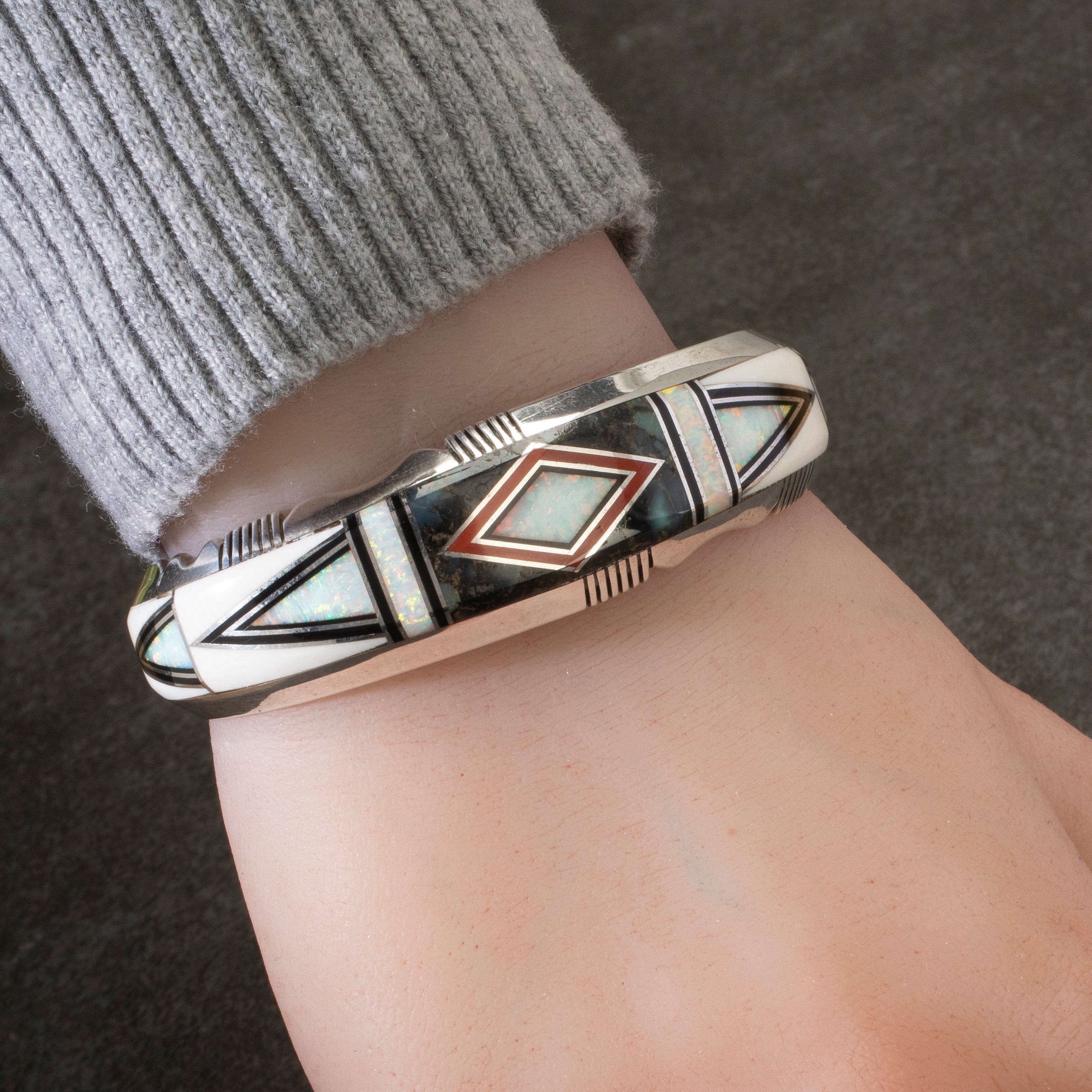 Kalifano Native American Jewelry Erik Nelson White Pristine Magnesite, White Opal, New Lander Stone, and Coral Inlay USA Native American Made 925 Sterling Silver Cuff NAB3000.013