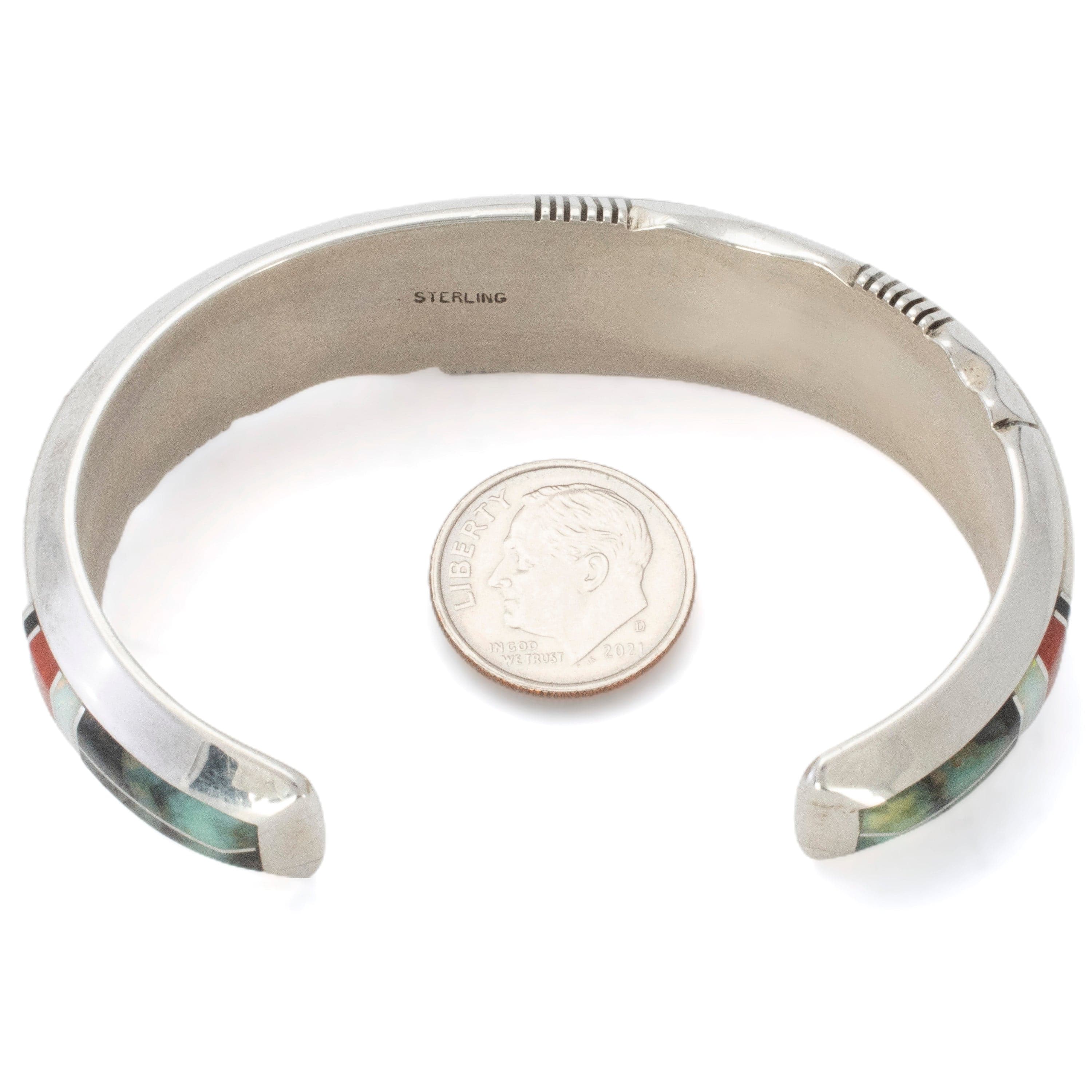 Kalifano Native American Jewelry Erik Nelson White Pristine Magnesite, White Opal, New Lander Stone, and Coral Inlay USA Native American Made 925 Sterling Silver Cuff NAB3000.013