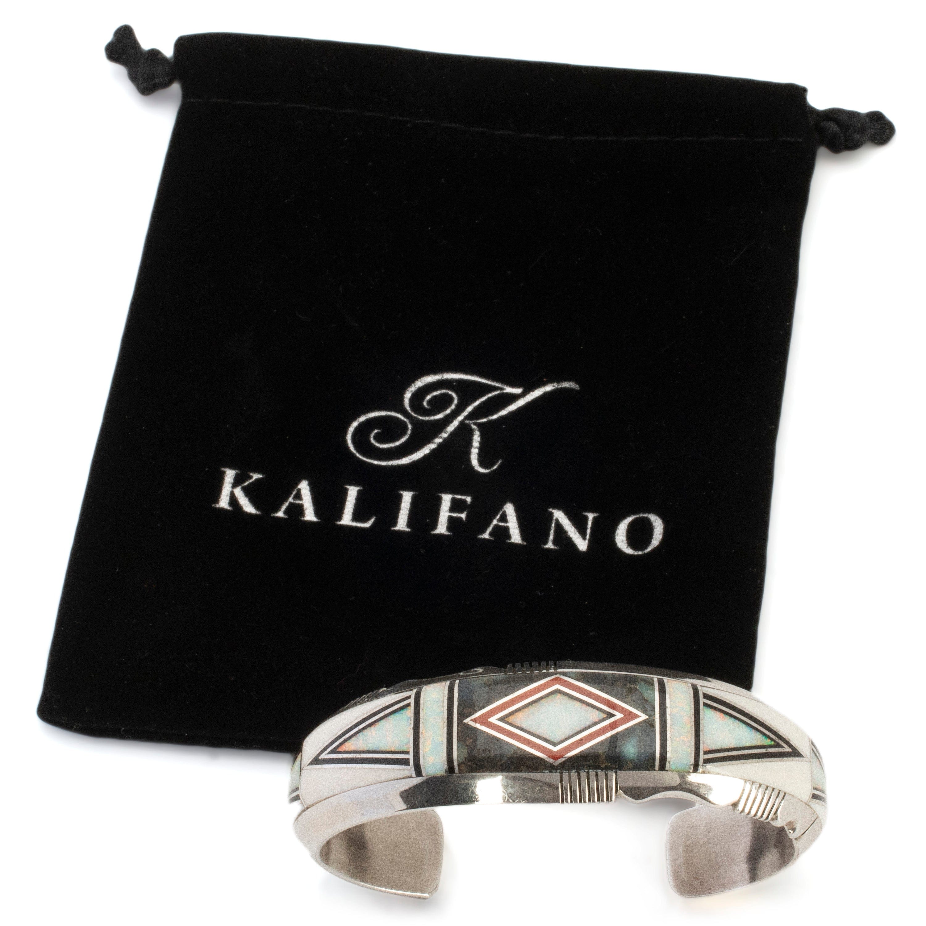 Kalifano Native American Jewelry Erik Nelson White Pristine Magnesite, White Opal, New Lander Stone, and Coral Inlay USA Native American Made 925 Sterling Silver Cuff NAB3000.013