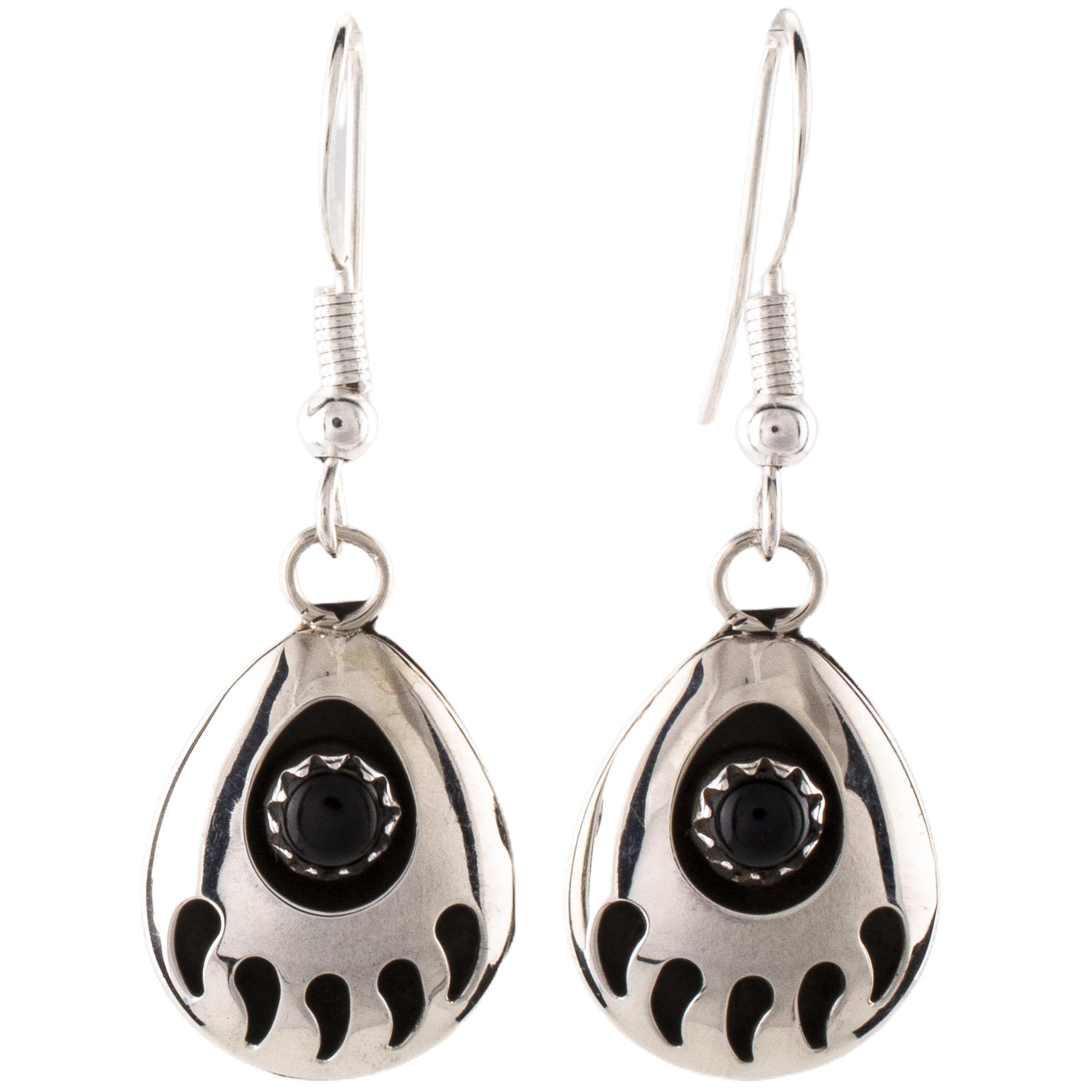 Kalifano Native American Jewelry Esther White Bear Claw with Black Onyx Inlay USA Native American Made 925 Sterling Silver Dangly Earrings NAE80.007