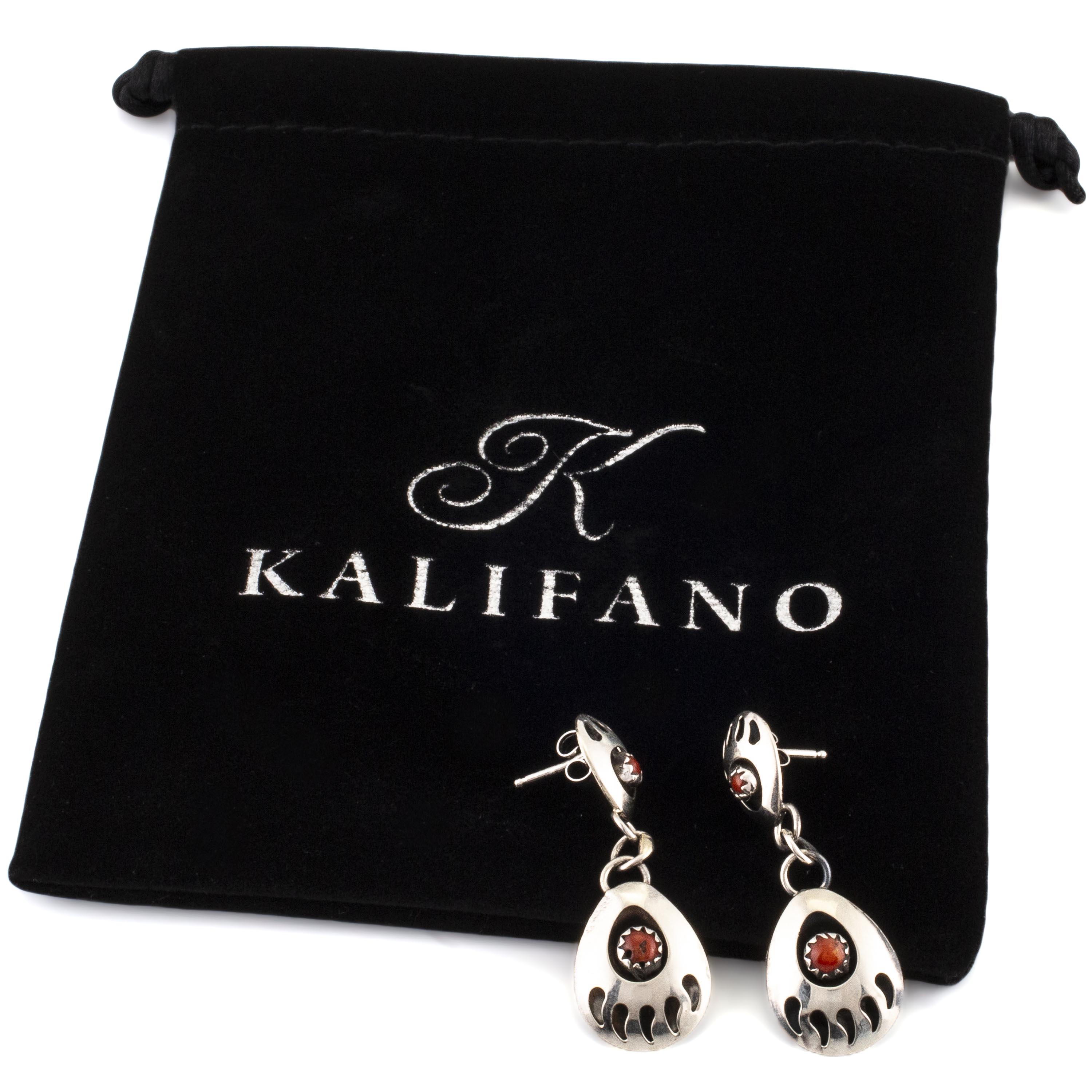 Kalifano Native American Jewelry Esther White Double Bear Claw with Coral Inlay USA Native American Made 925 Sterling Silver Dangly Earrings NAE150.012