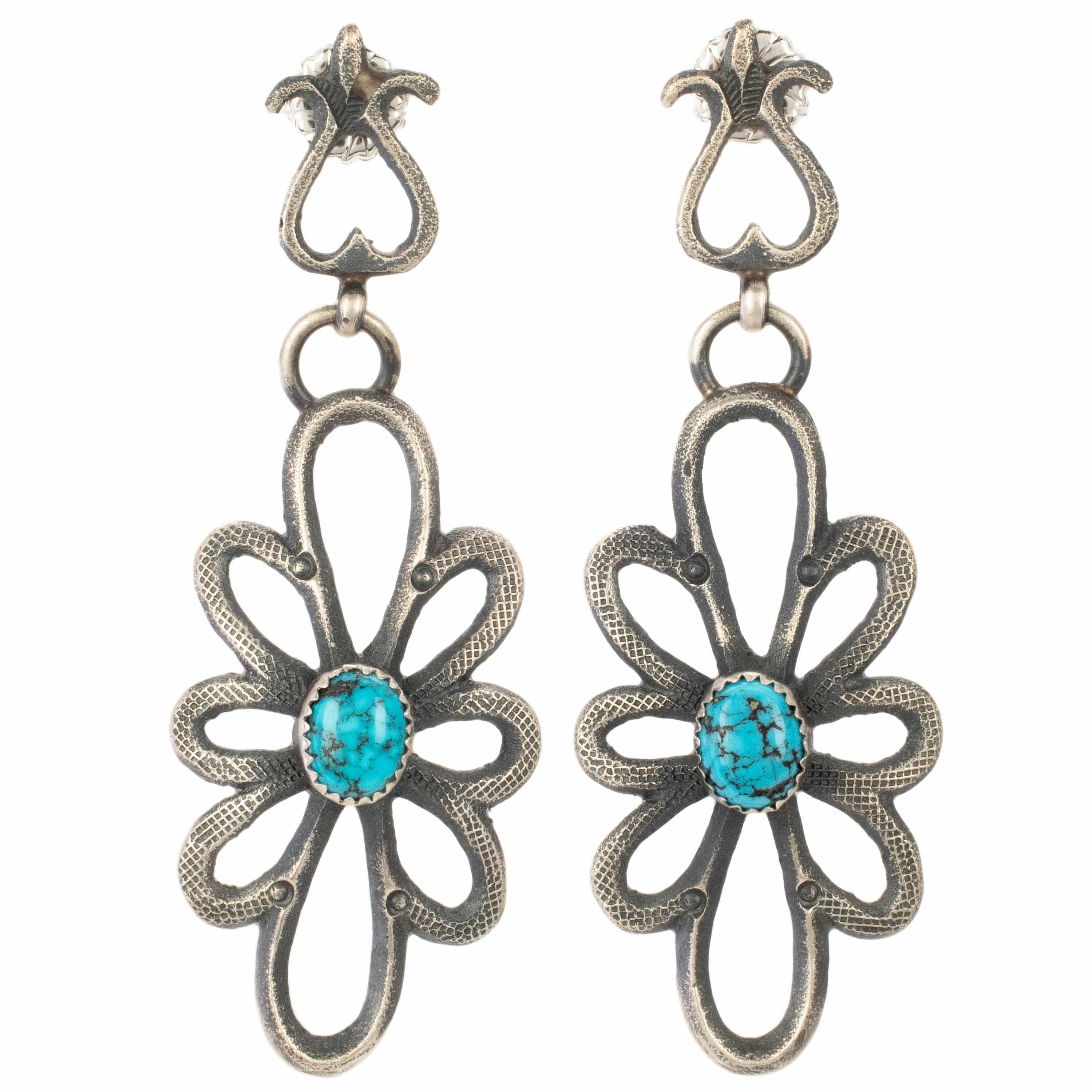 Kalifano Native American Jewelry Eva Billah Navajo Prince Turquoise USA Native American Made 925 Sterling Silver Dangly Flower Earrings with Stud Backing NAE1500.005